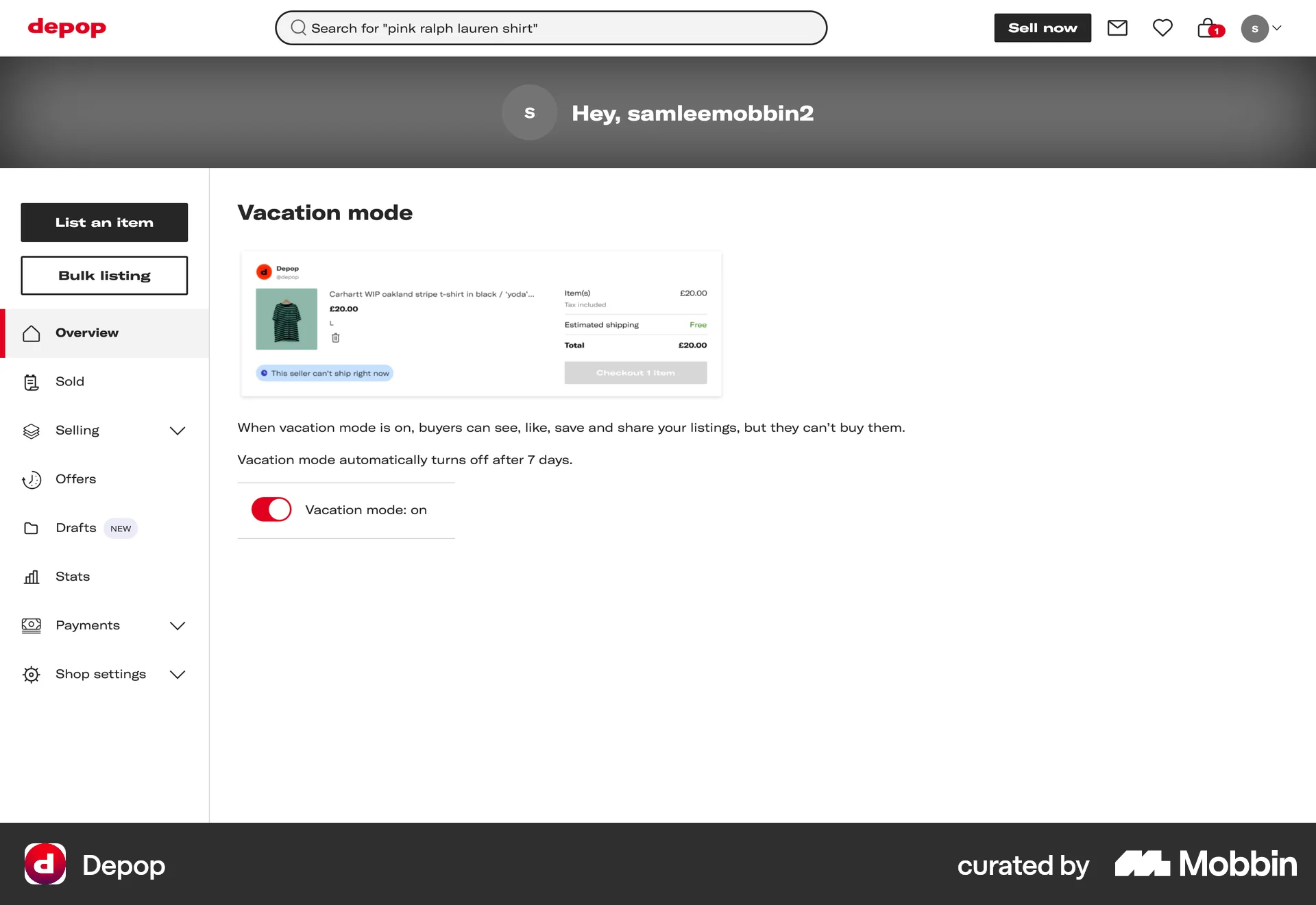 Depop Web Settings & Preferences screen