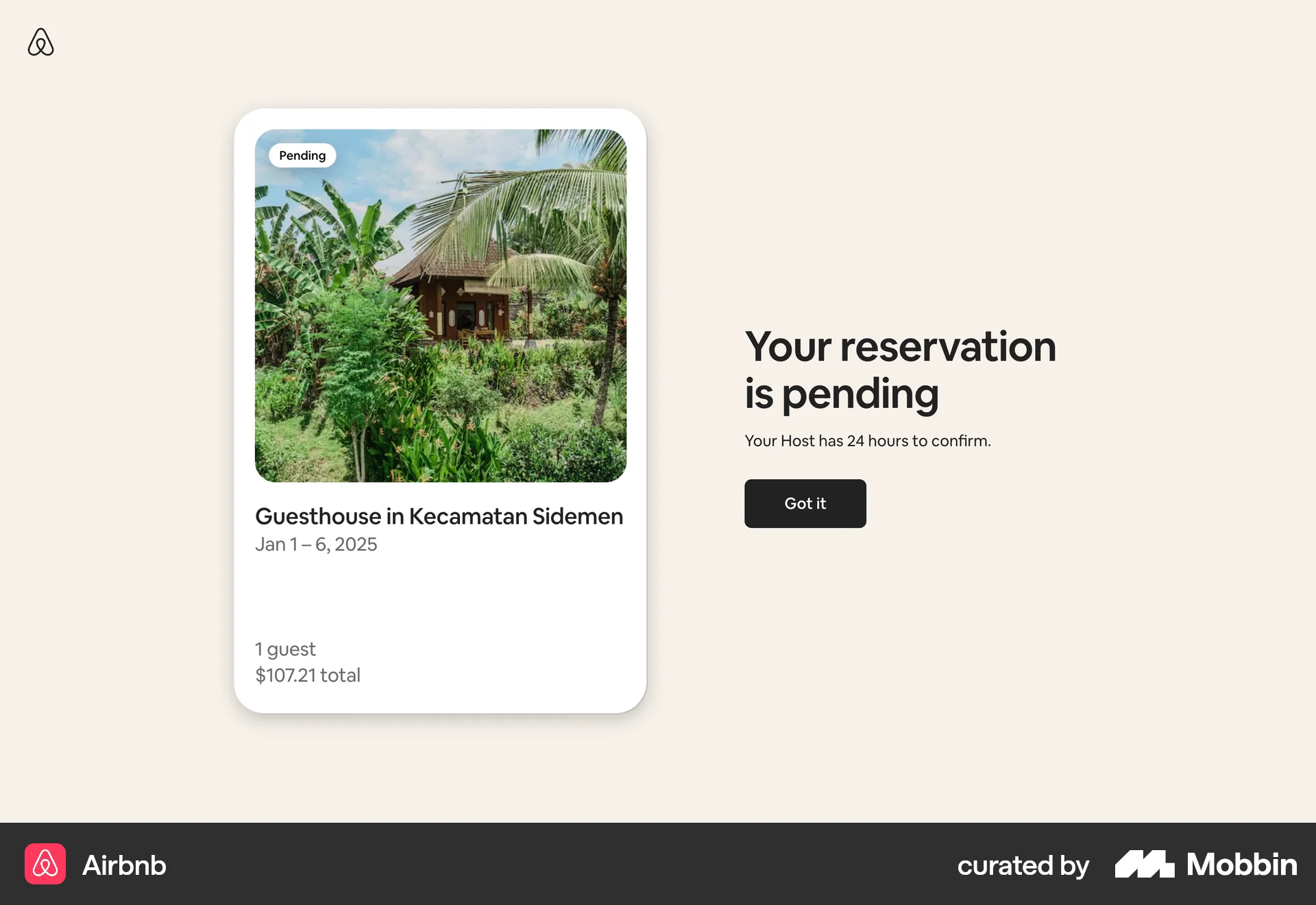 Airbnb Web Order Confirmation screen