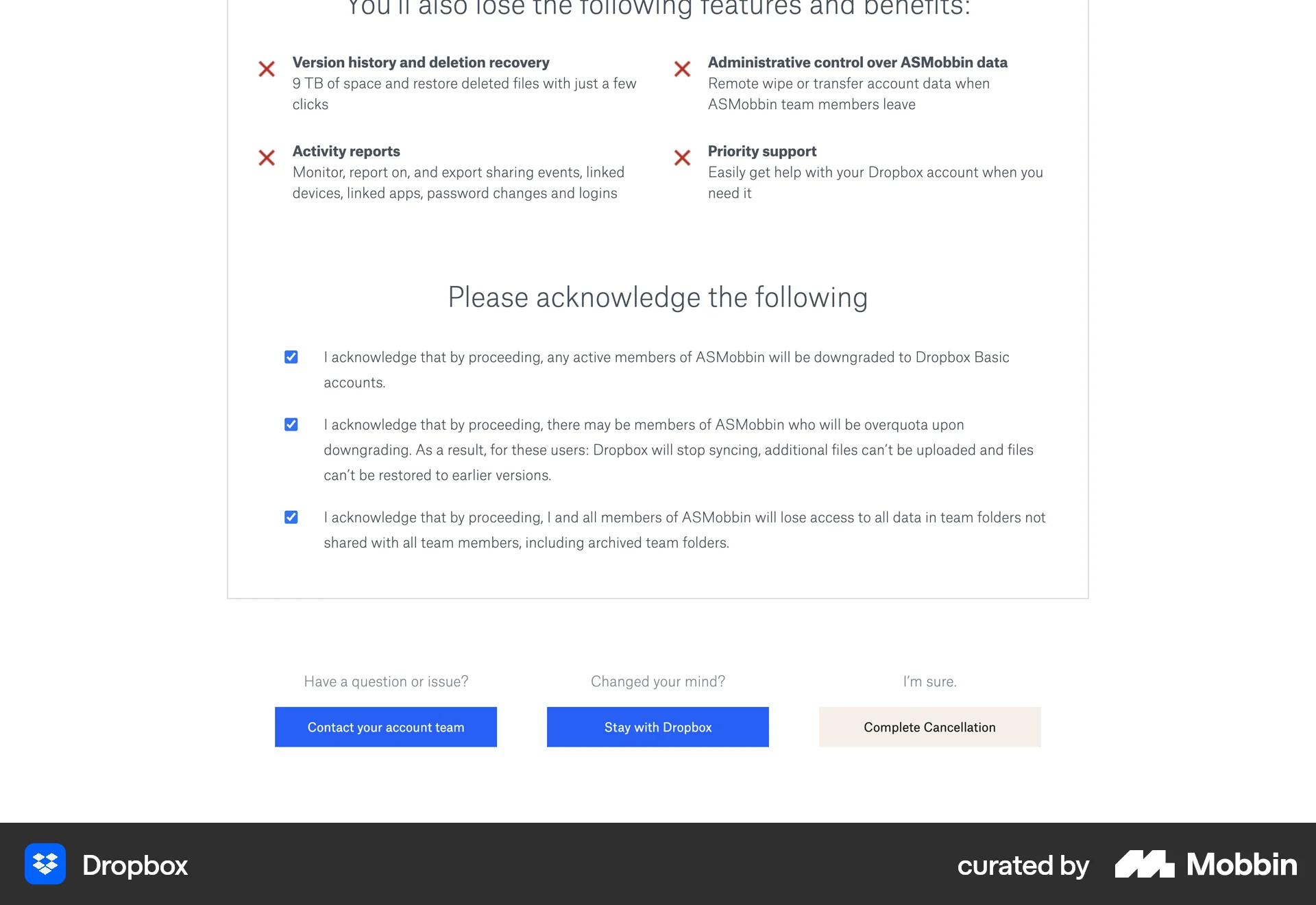 Dropbox Web Cancel screen