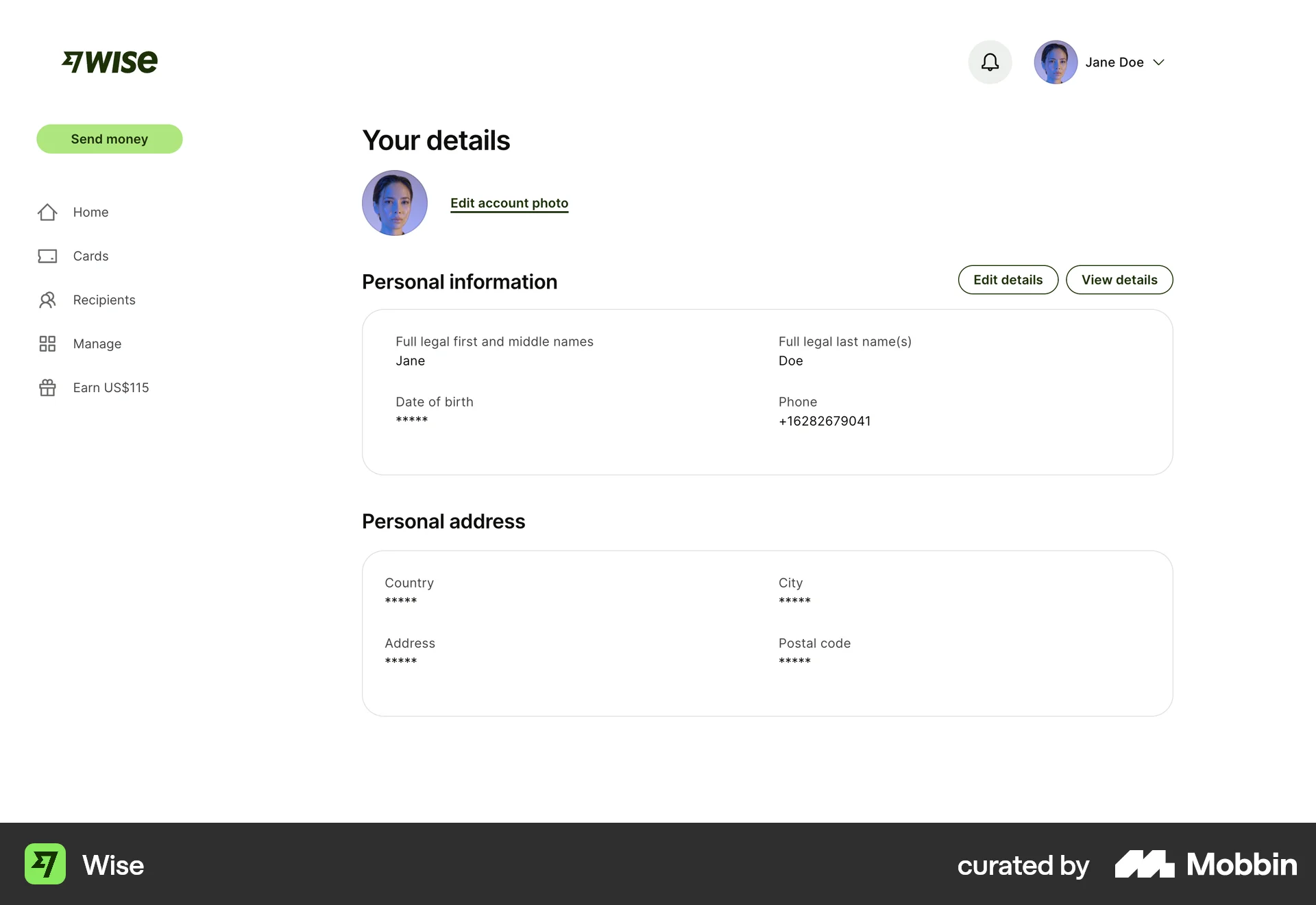 Wise Web My Account & Profile screen