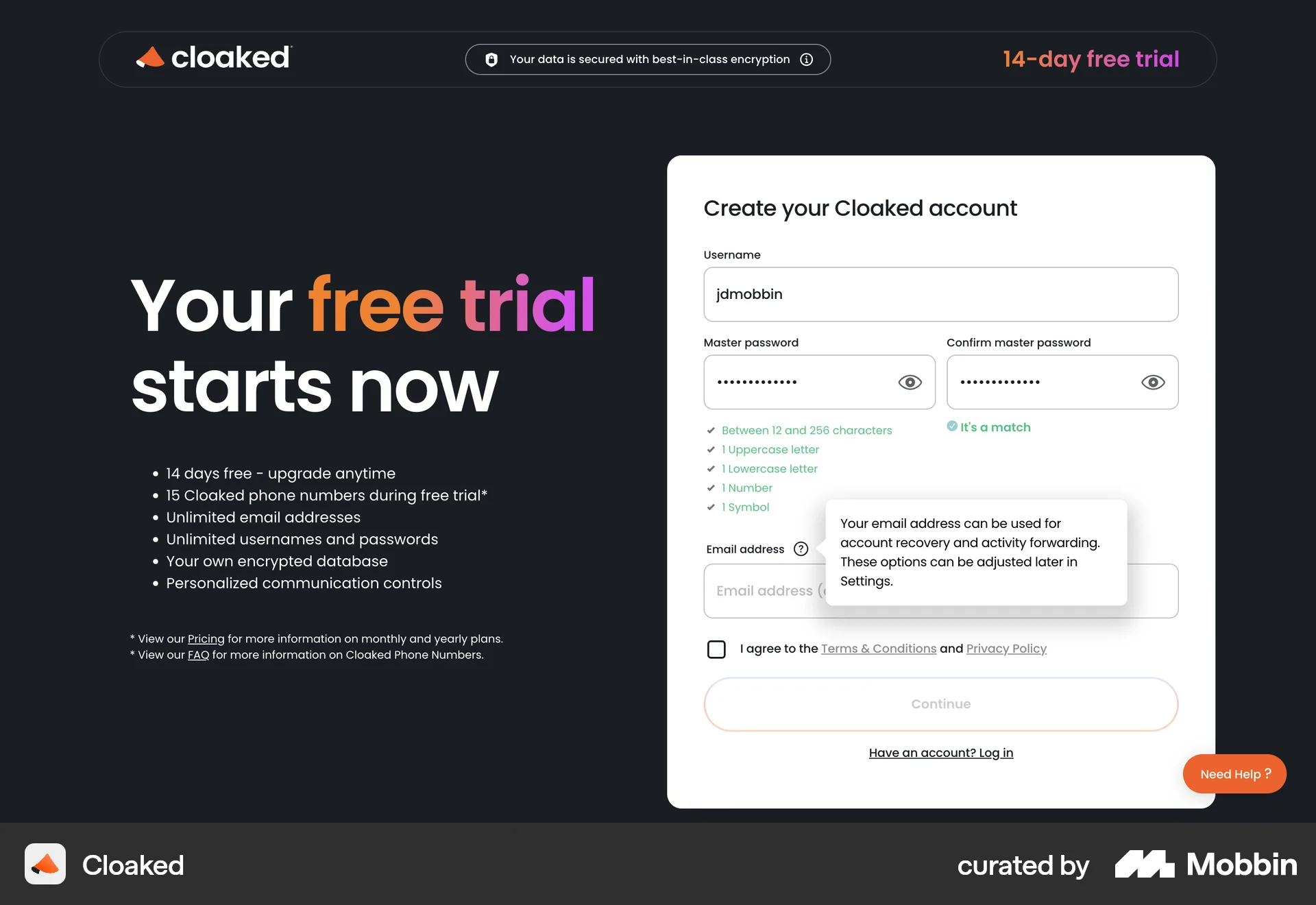 Cloaked Web screen containing Tooltip UI element