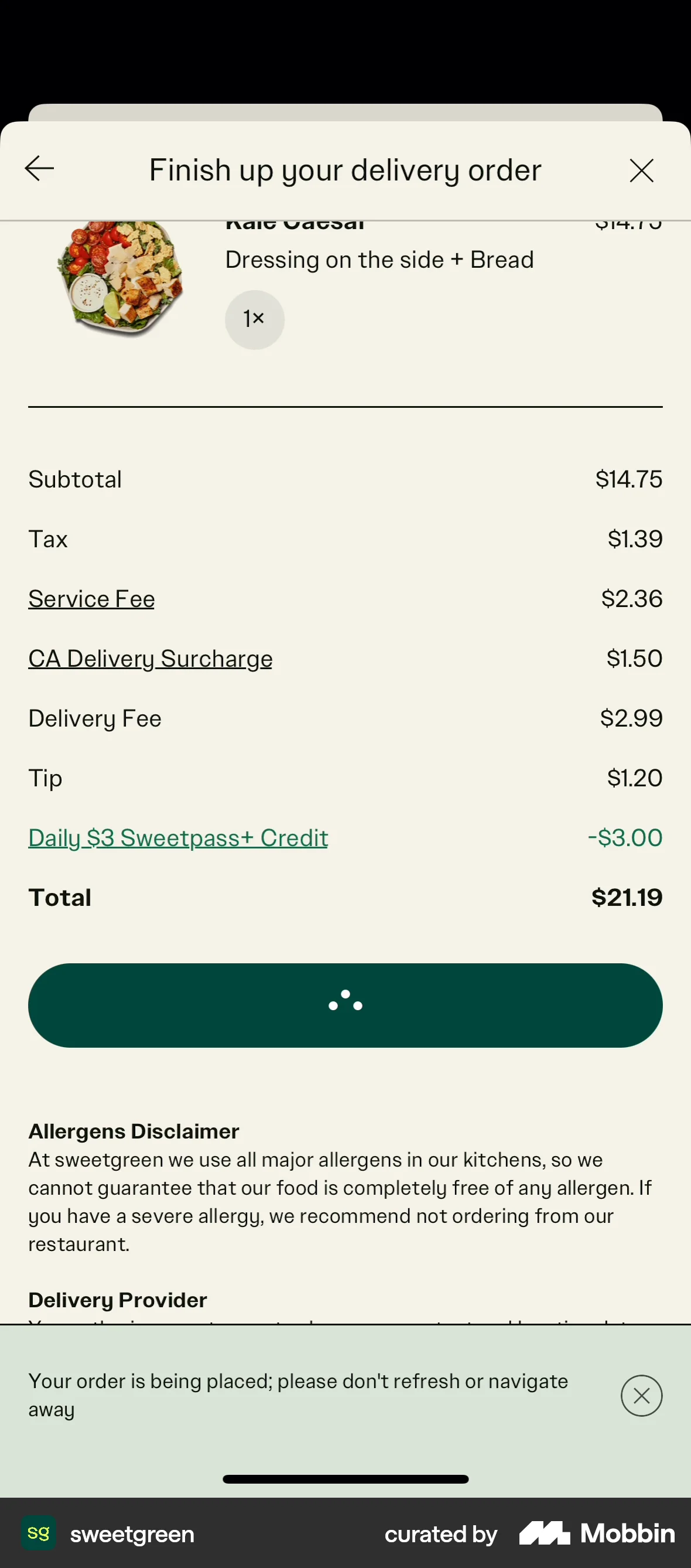 sweetgreen iOS screen containing Toast UI element