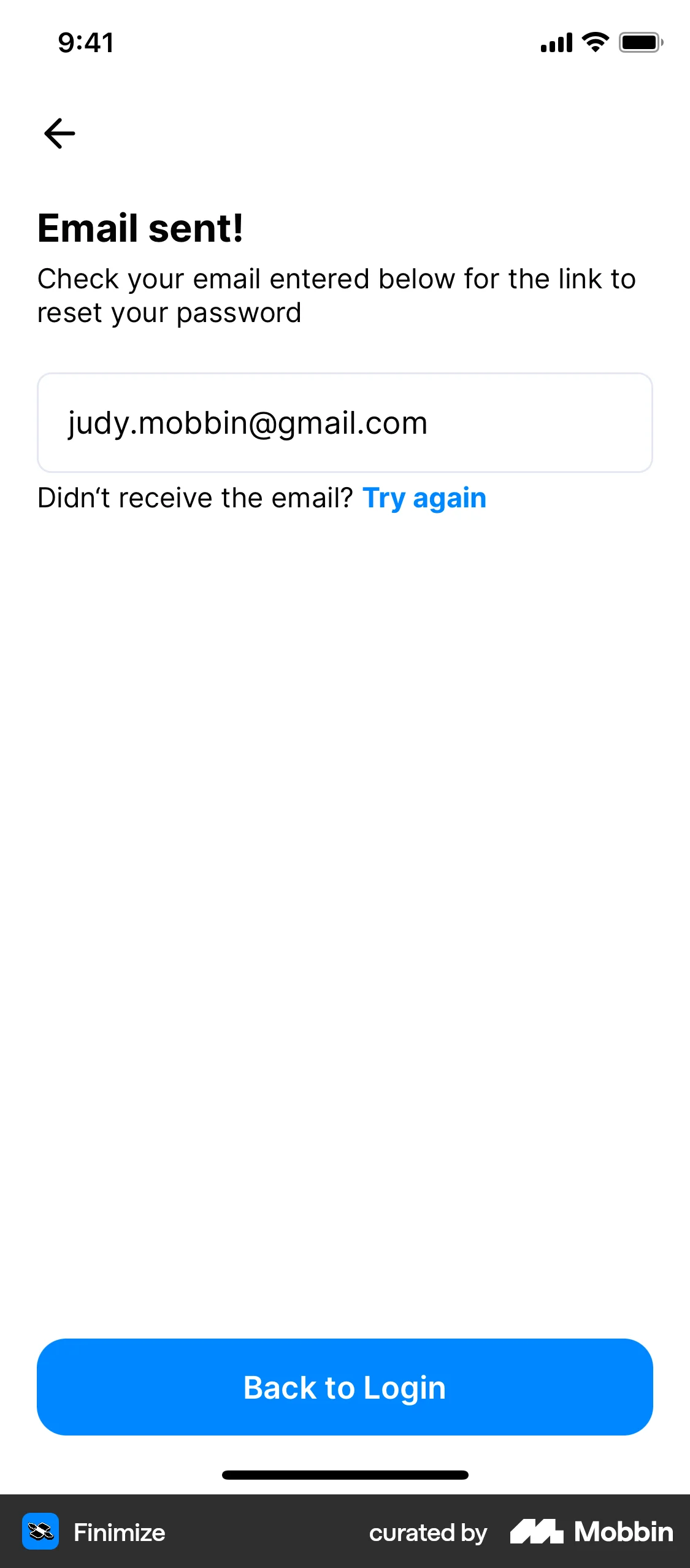 Finimize iOS Forgot Password screen