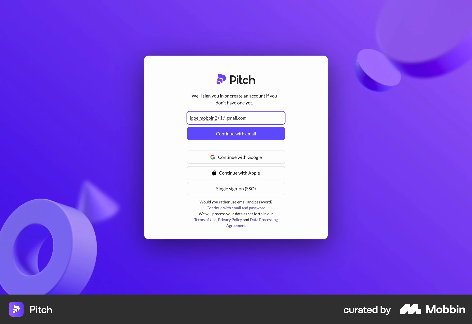 Pitch Web Signup screen