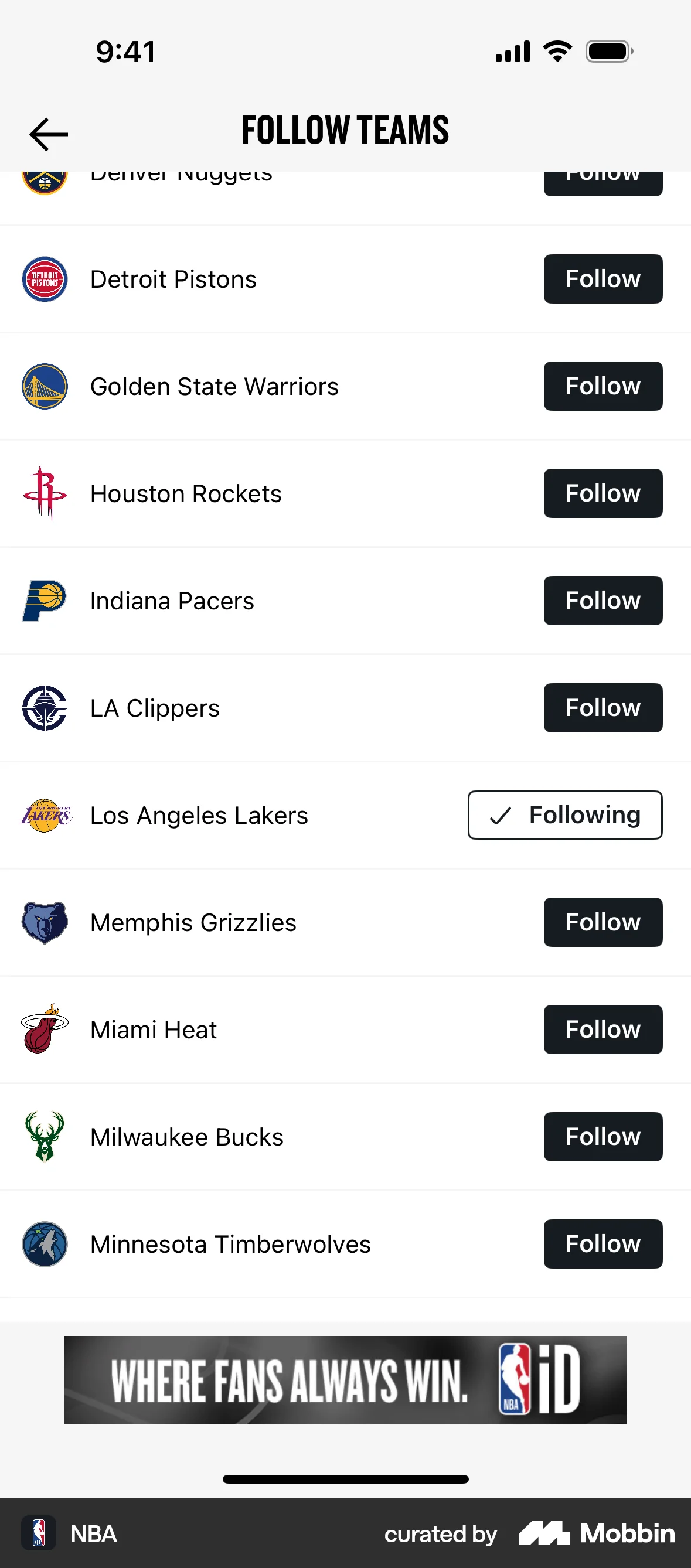 NBA iOS Follow & Subscribe screen