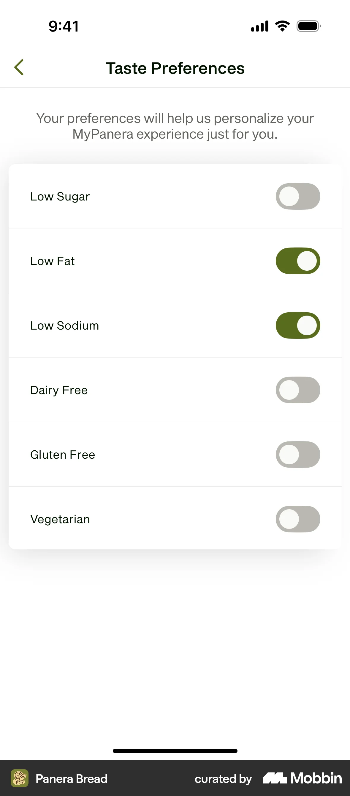 Panera Bread iOS Account Setup screen