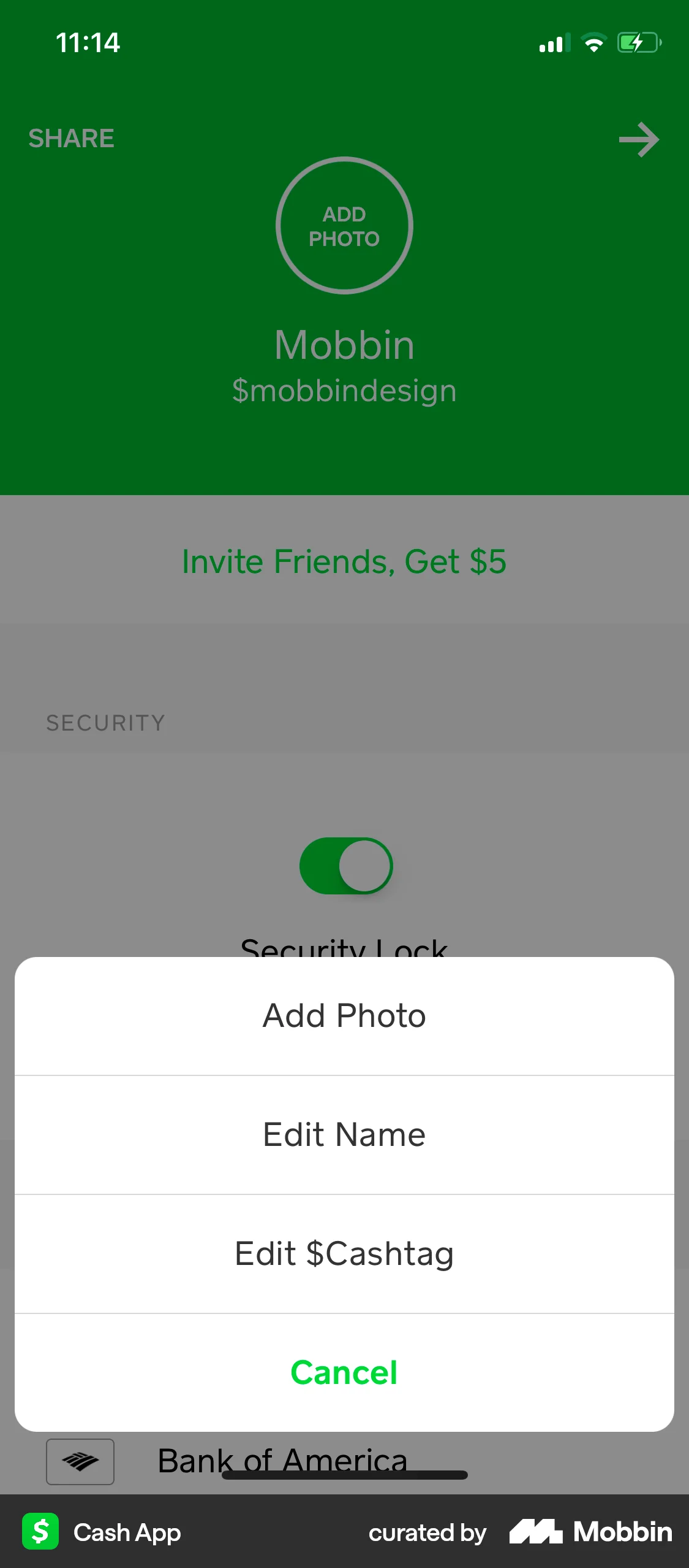 Cash App iOS screen containing Action Sheet UI element