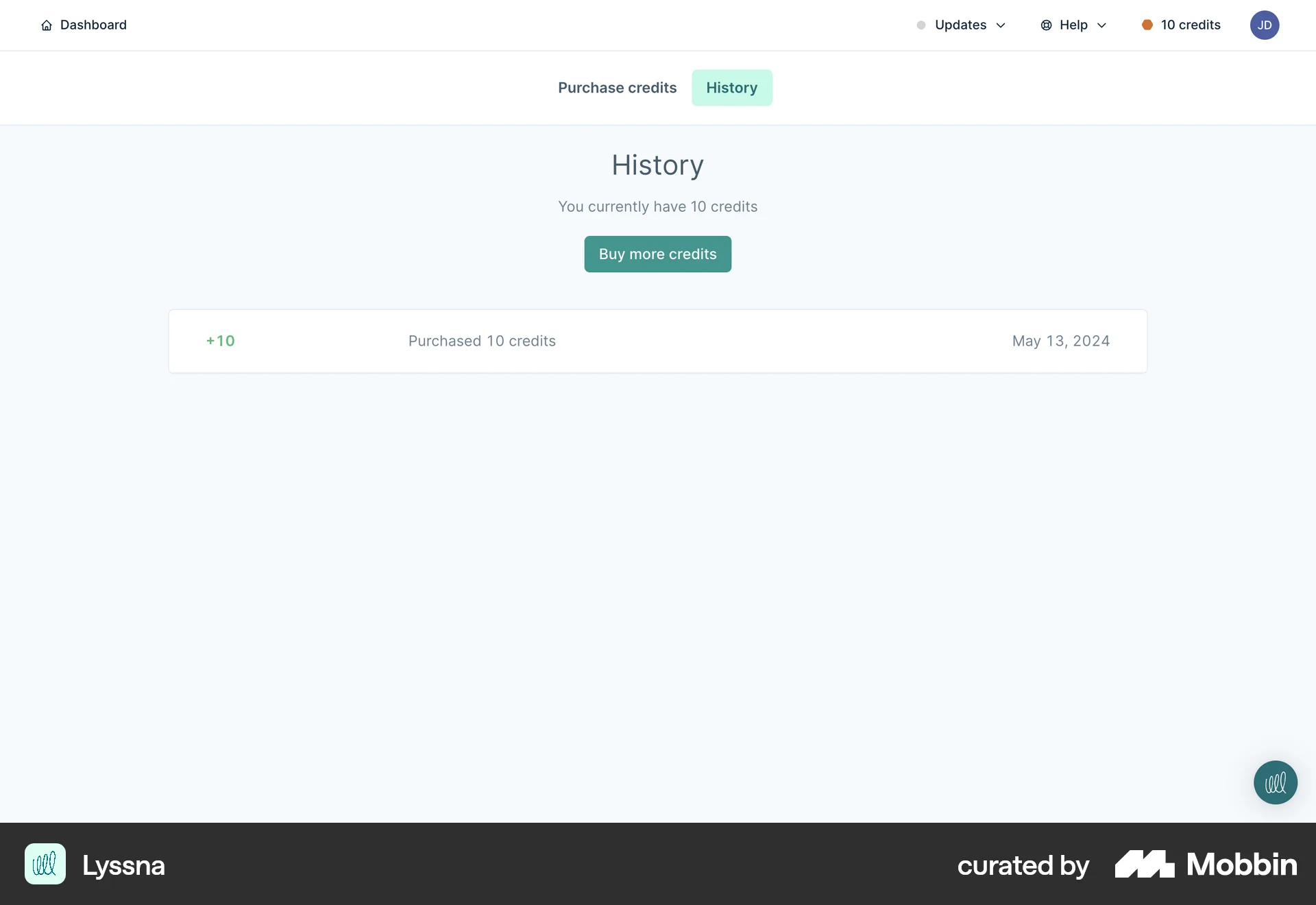 Lyssna Web Order History screen