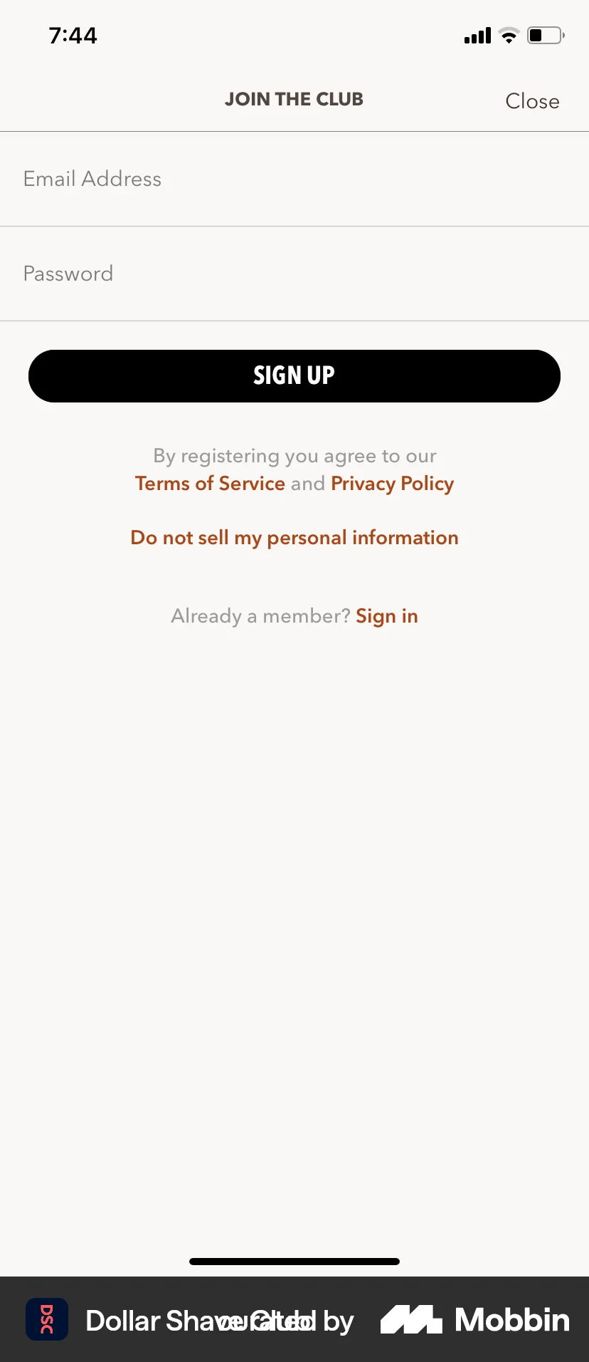 Dollar Shave Club iOS Signup screen