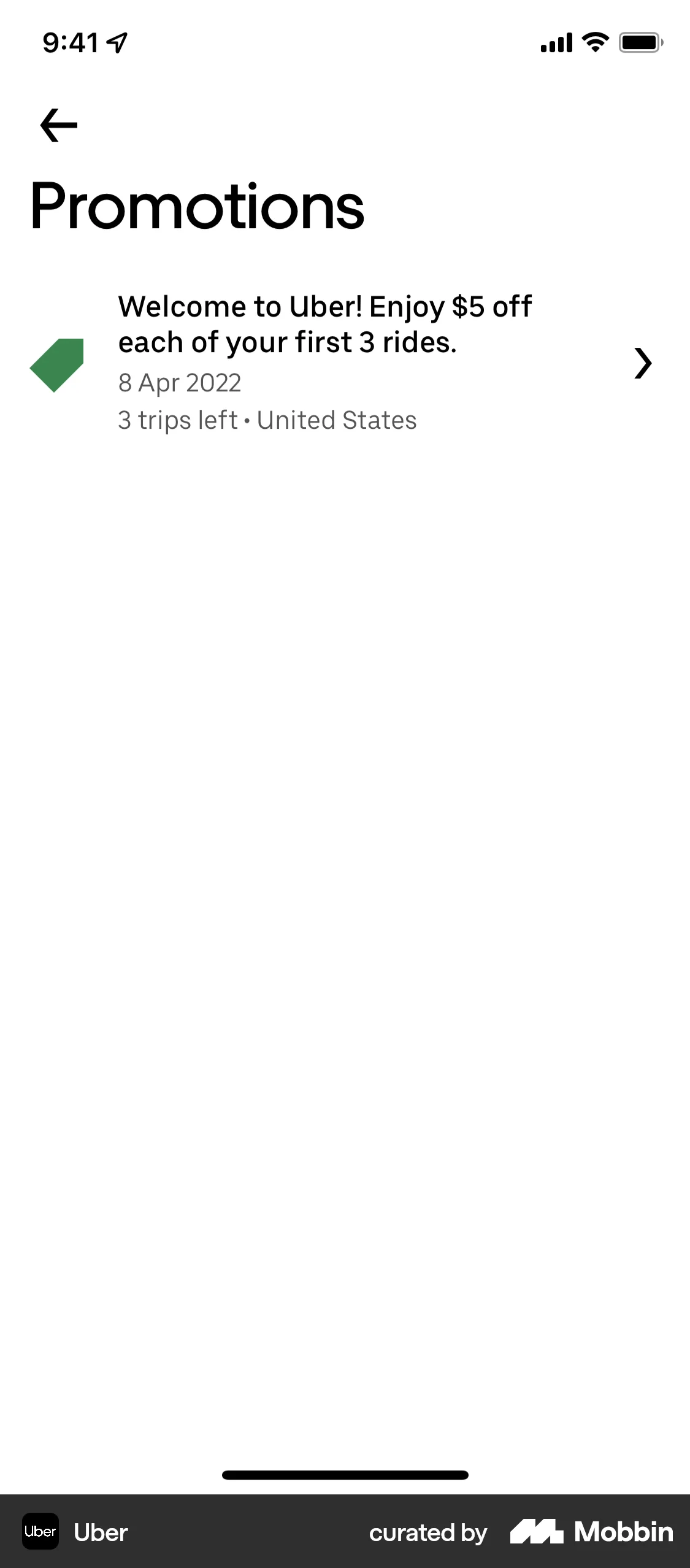 Uber iOS Promotions & Rewards screen