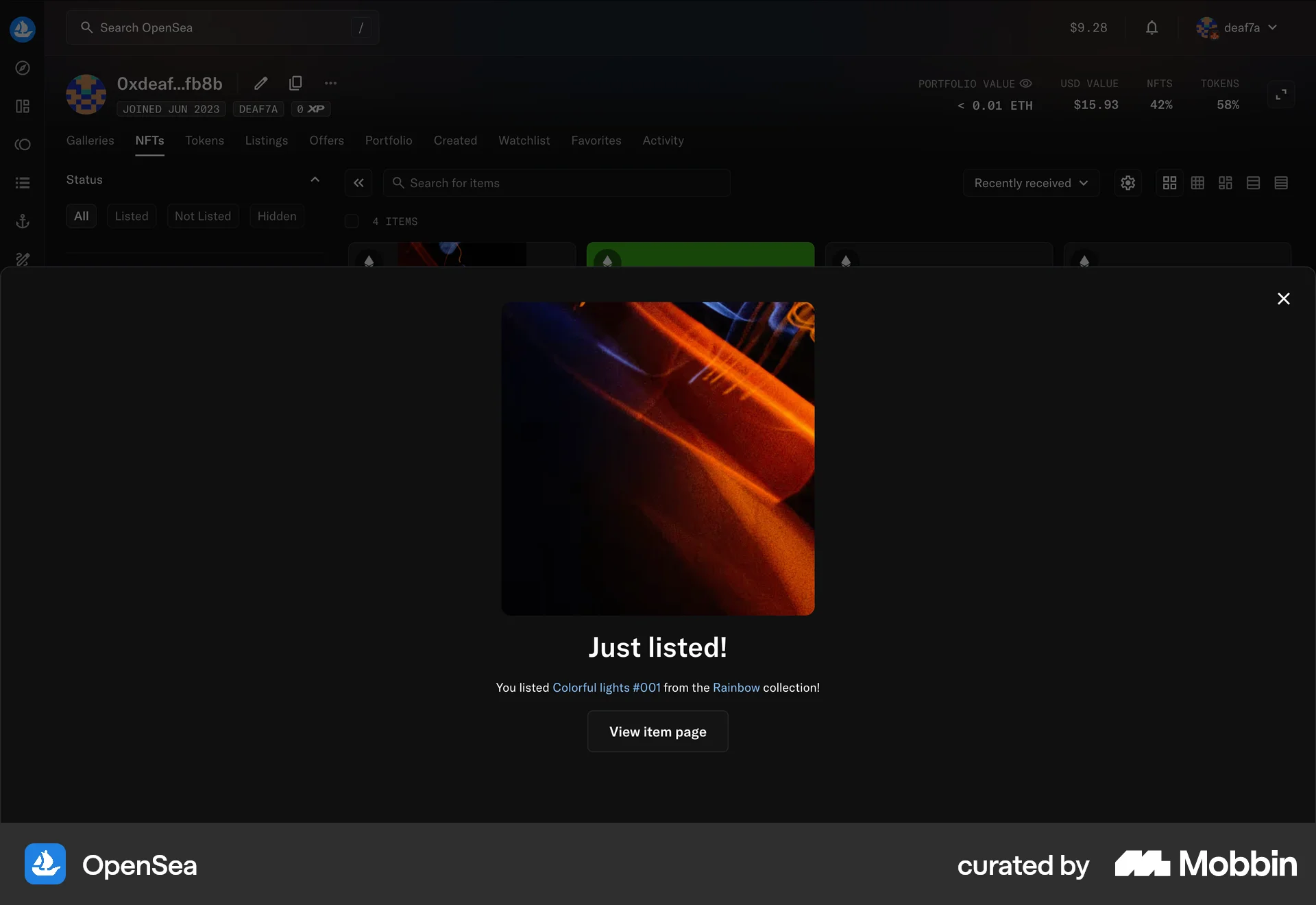 OpenSea Web Acknowledgement & Success screen
