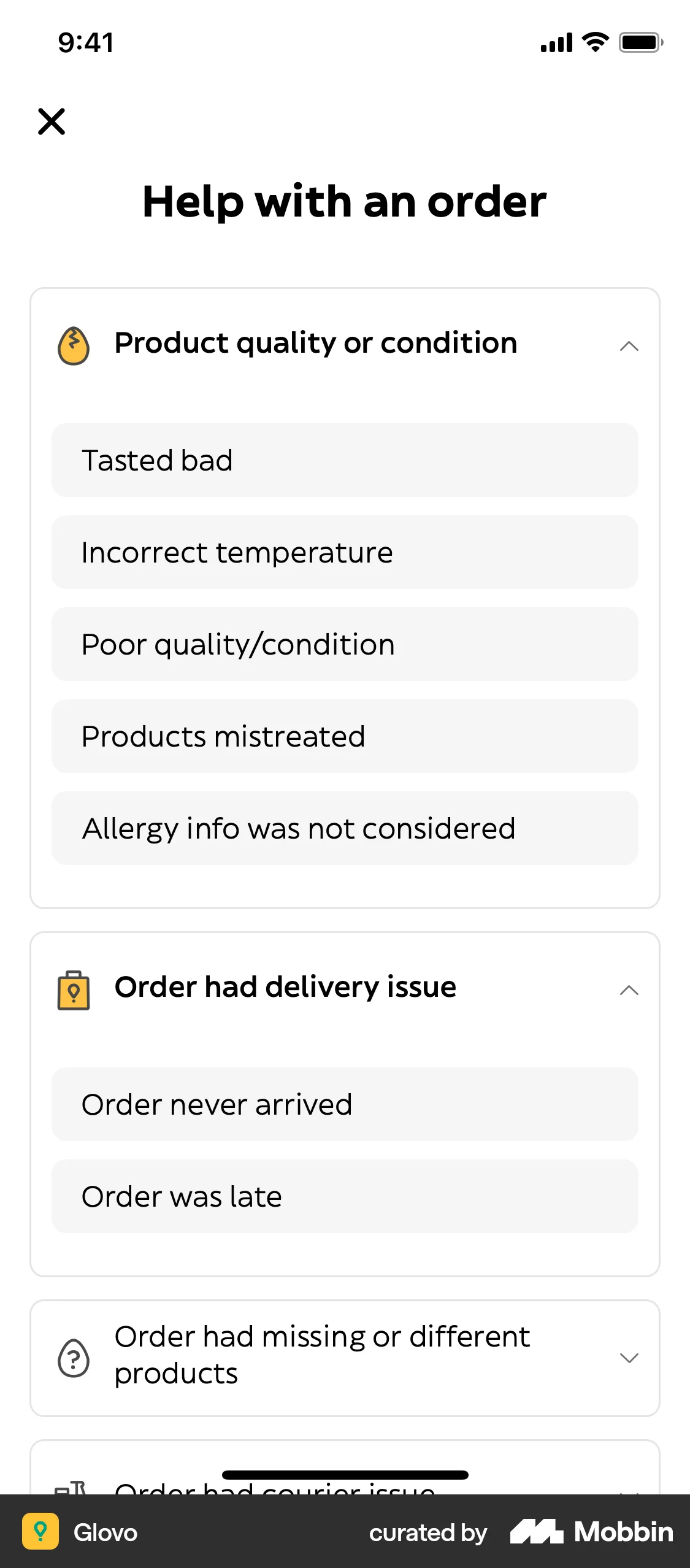 Glovo iOS screen containing Accordion UI element