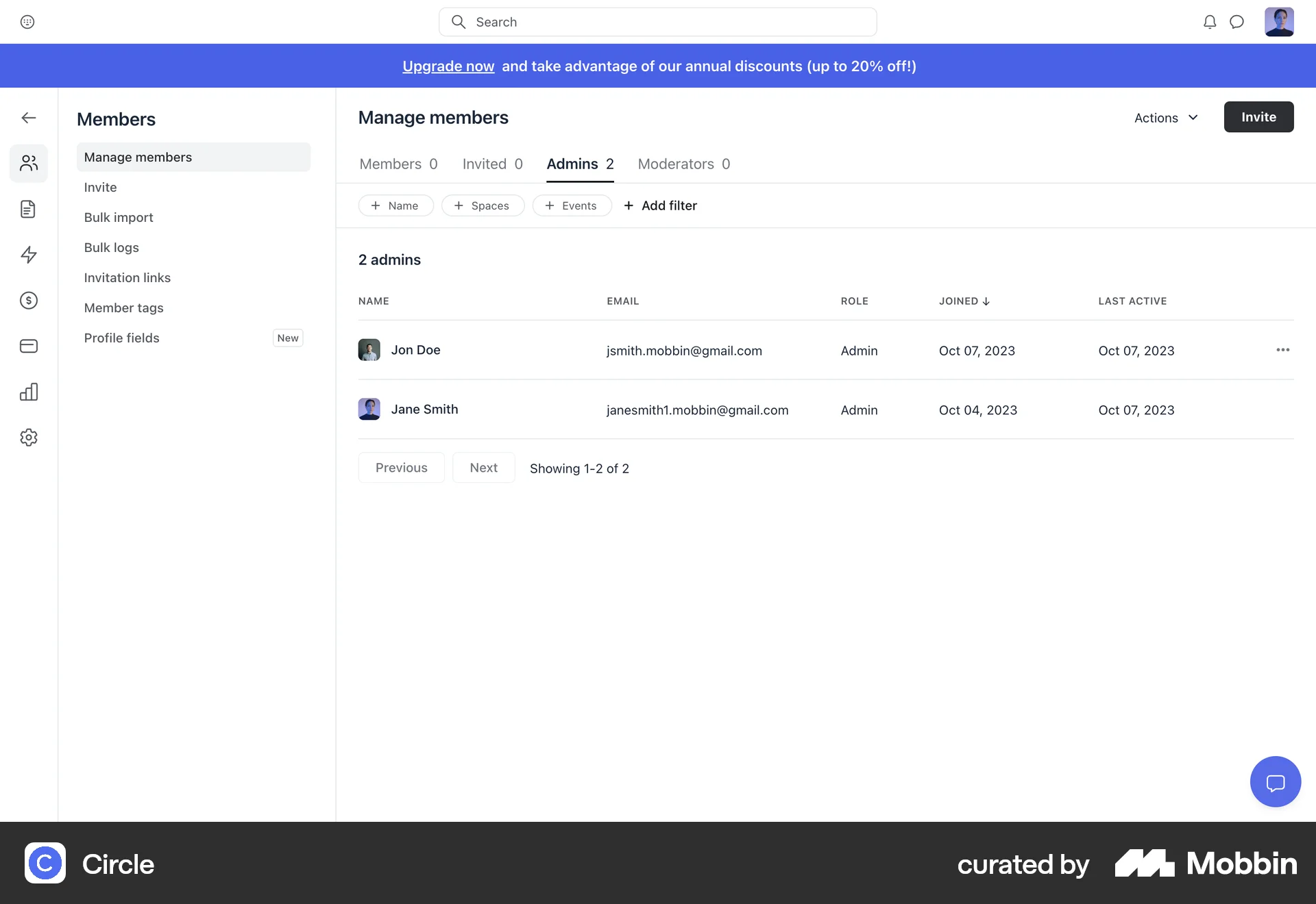 Circle Web Admin UI screen