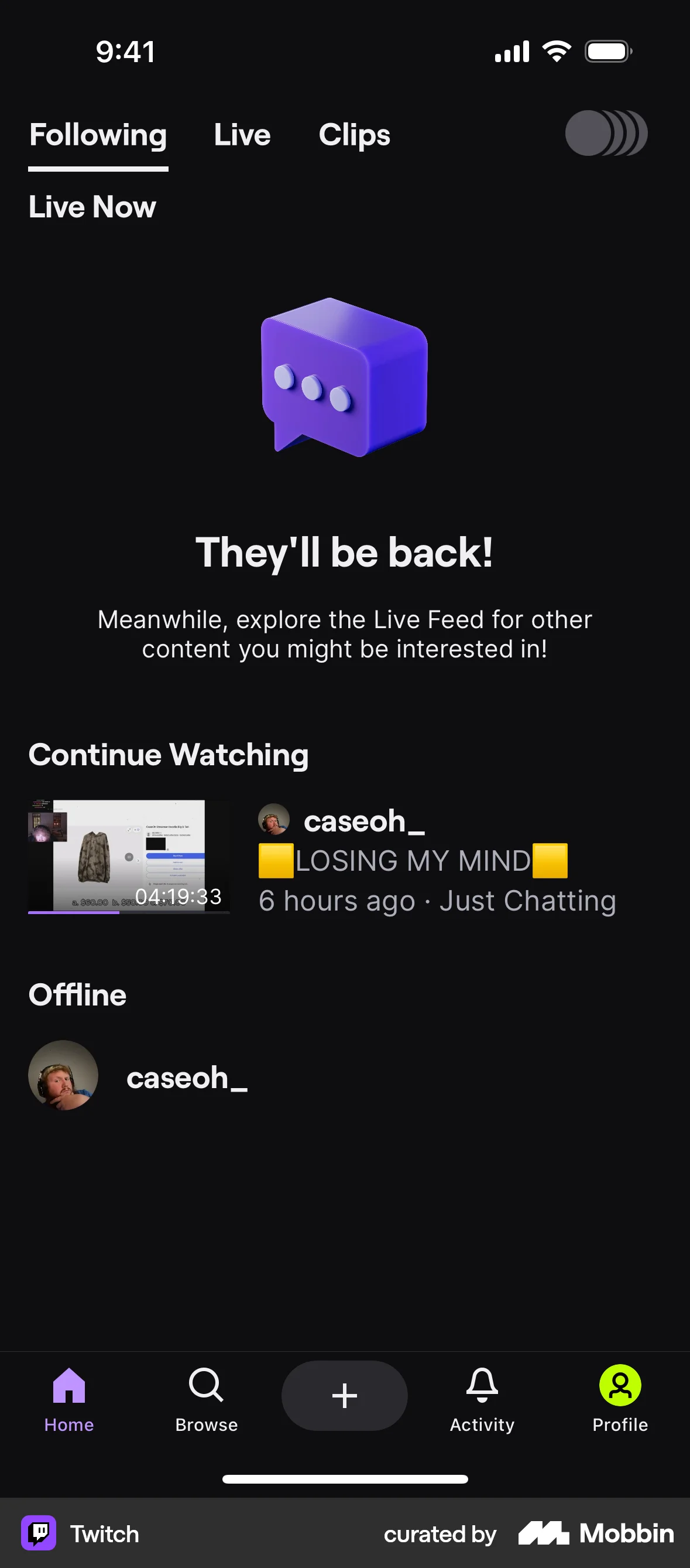 Twitch iOS Social Feed screen