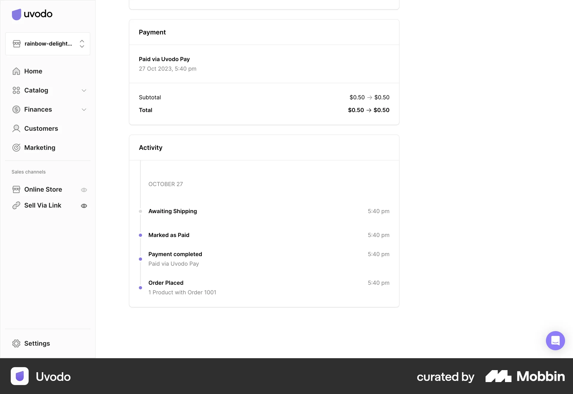 Uvodo Web Order Detail screen
