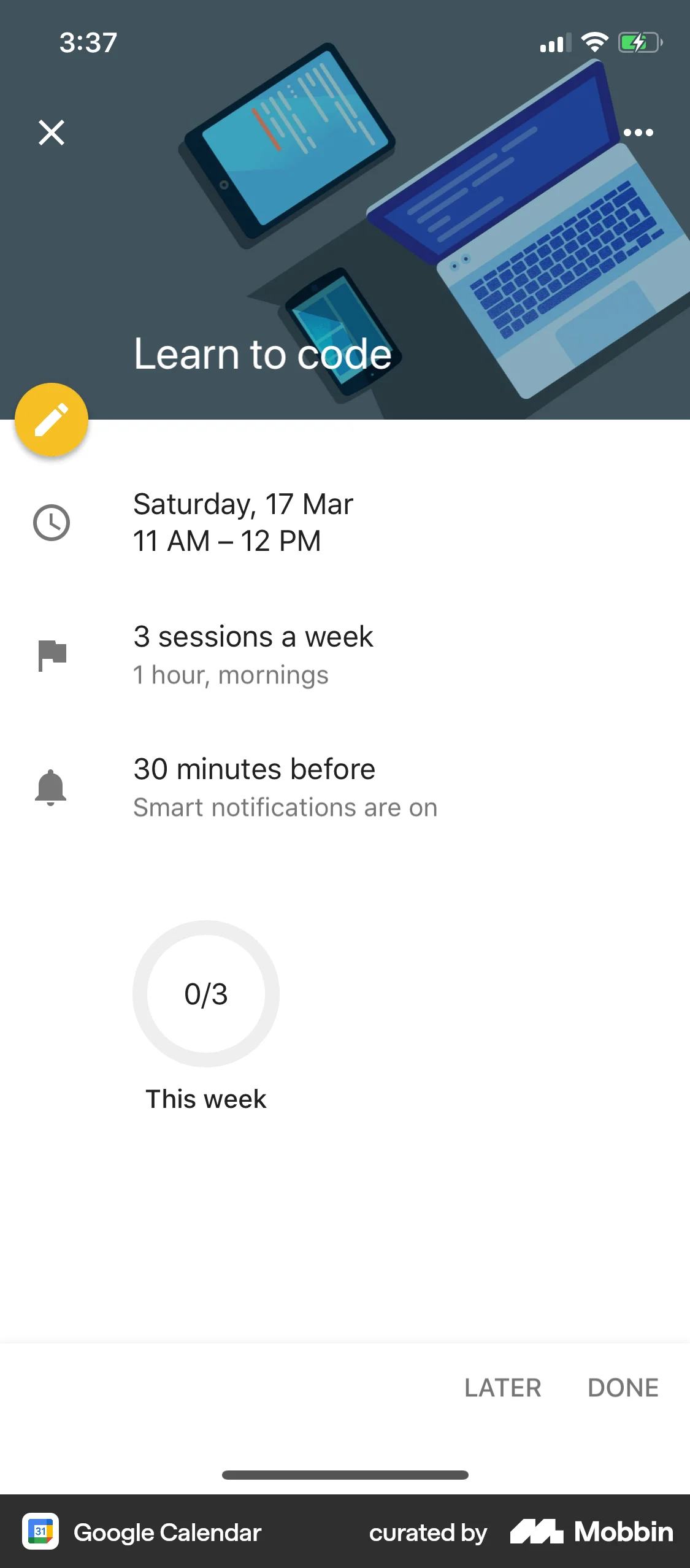 Google Calendar iOS Note Detail screen