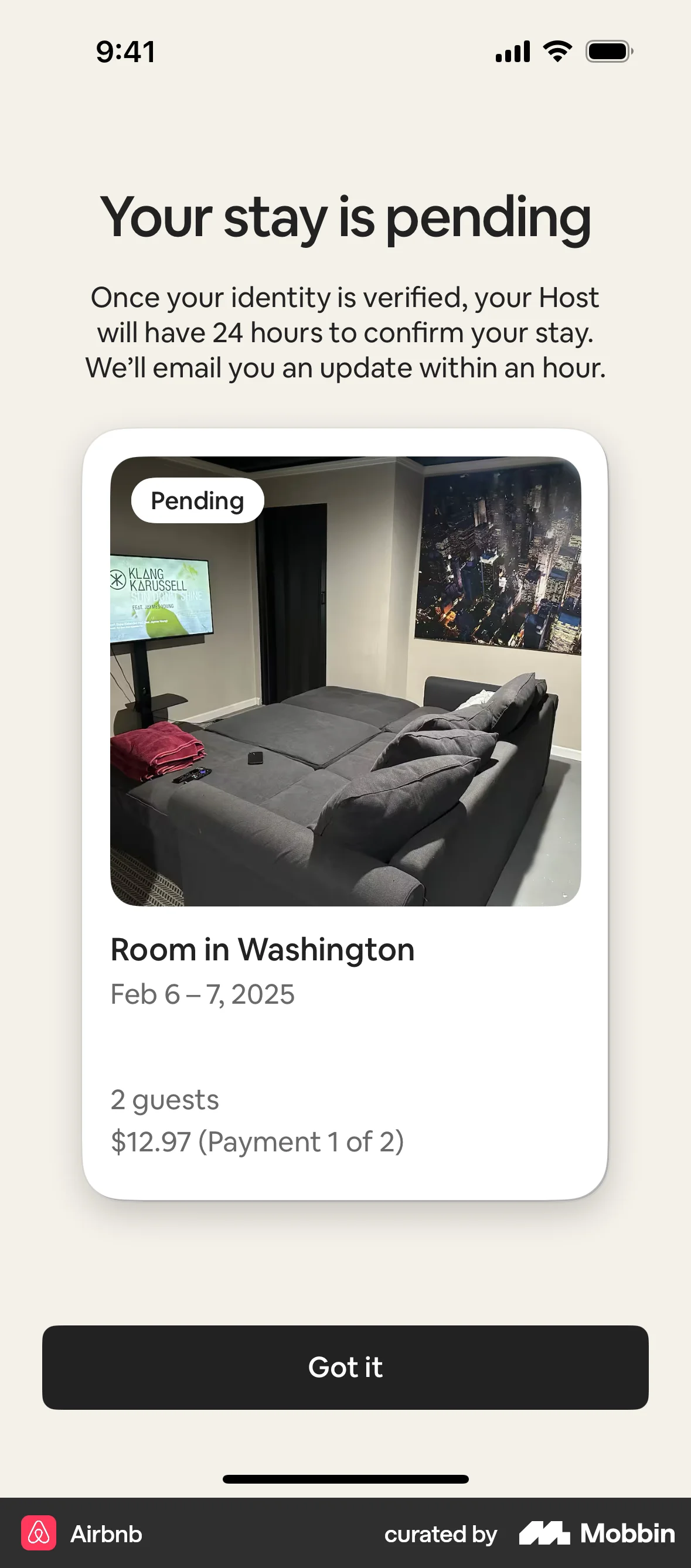 Airbnb iOS Order Confirmation screen