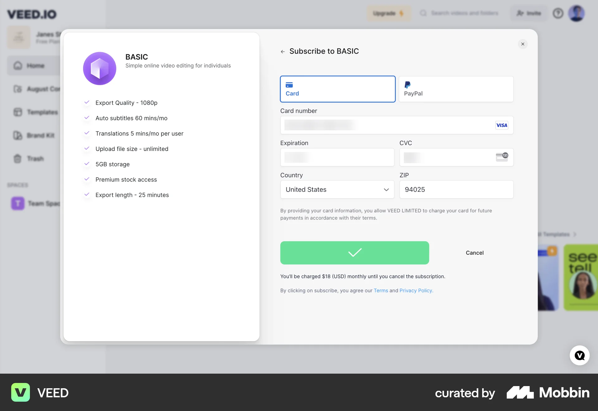 VEED Web Checkout screen