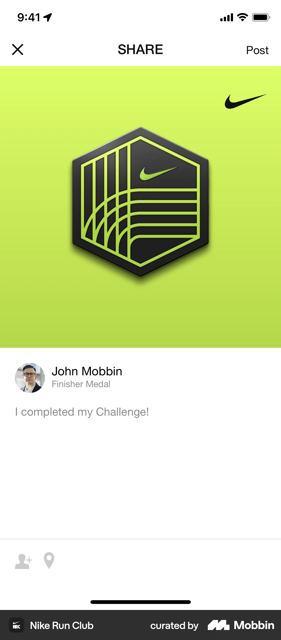 Nike Run Club iOS Share screen