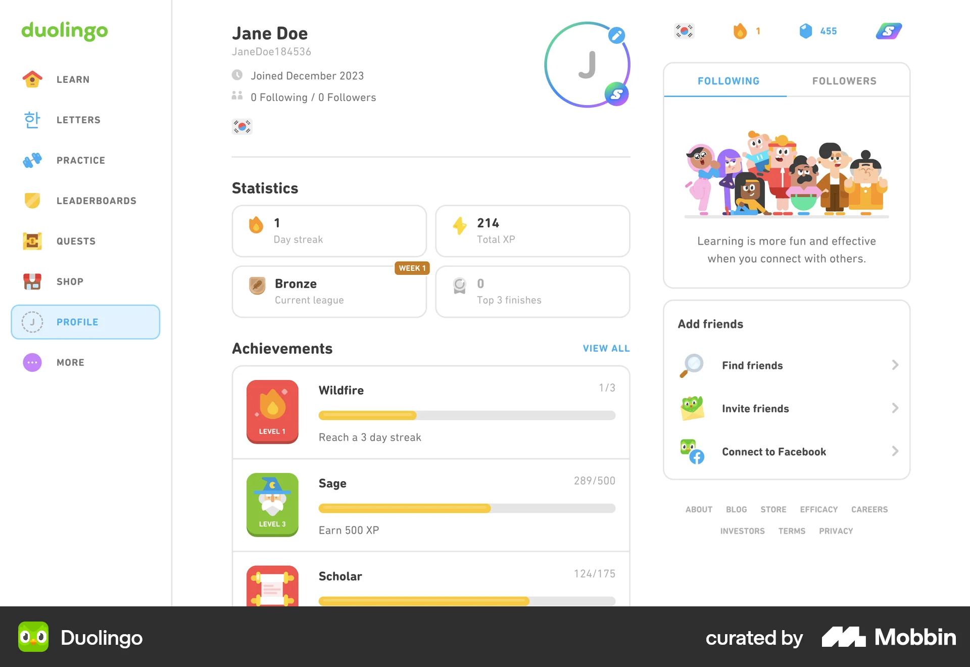 Duolingo Web Followers & Following screen