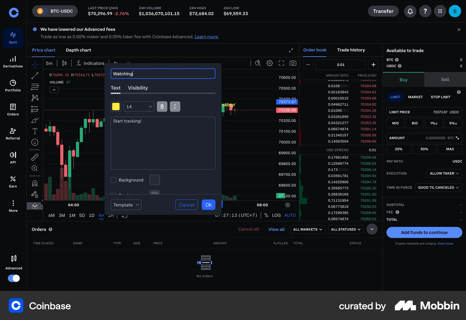 Coinbase Web Edit screen