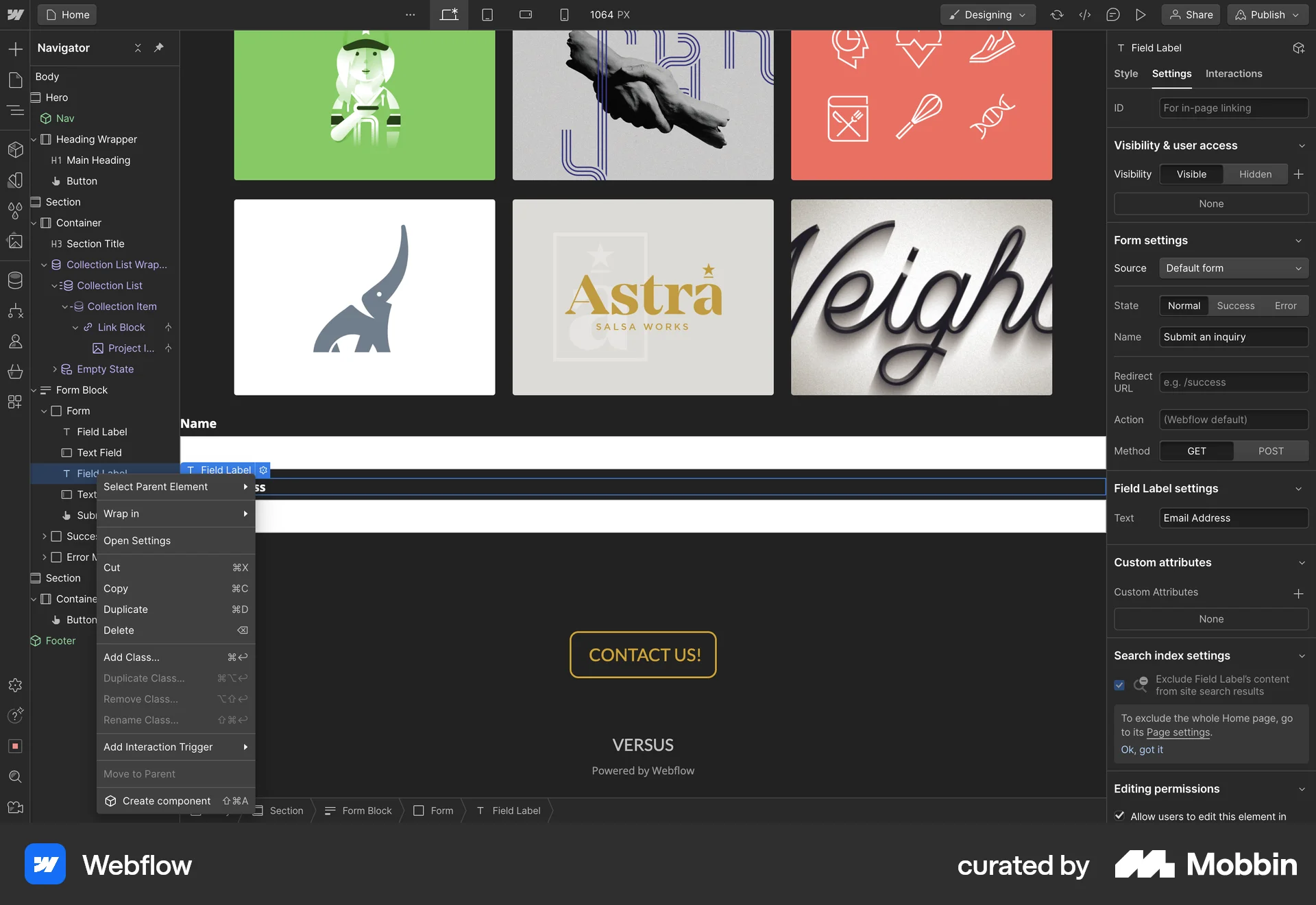 Webflow Web screen containing Context Menu UI element