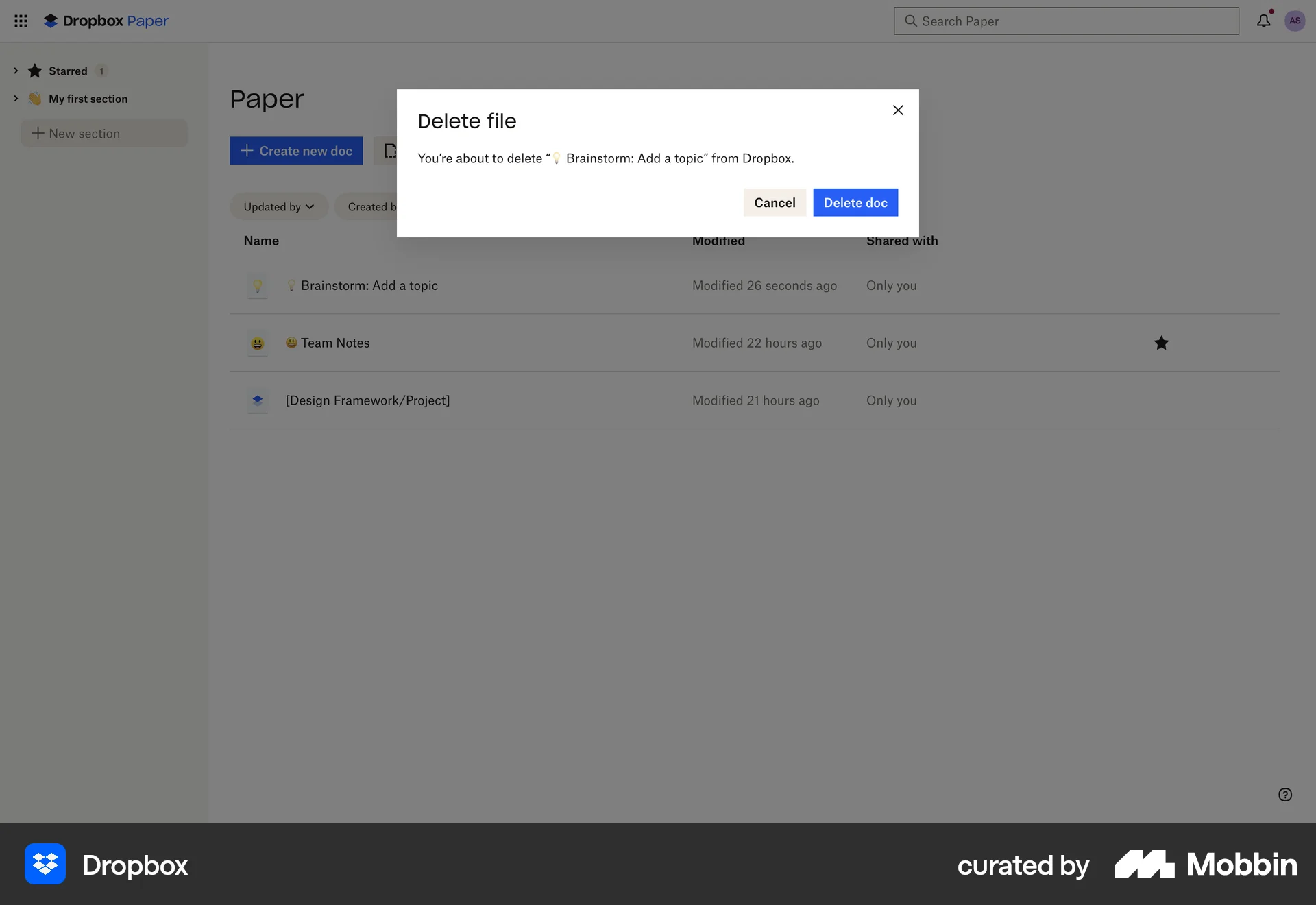 Dropbox Web Delete screen