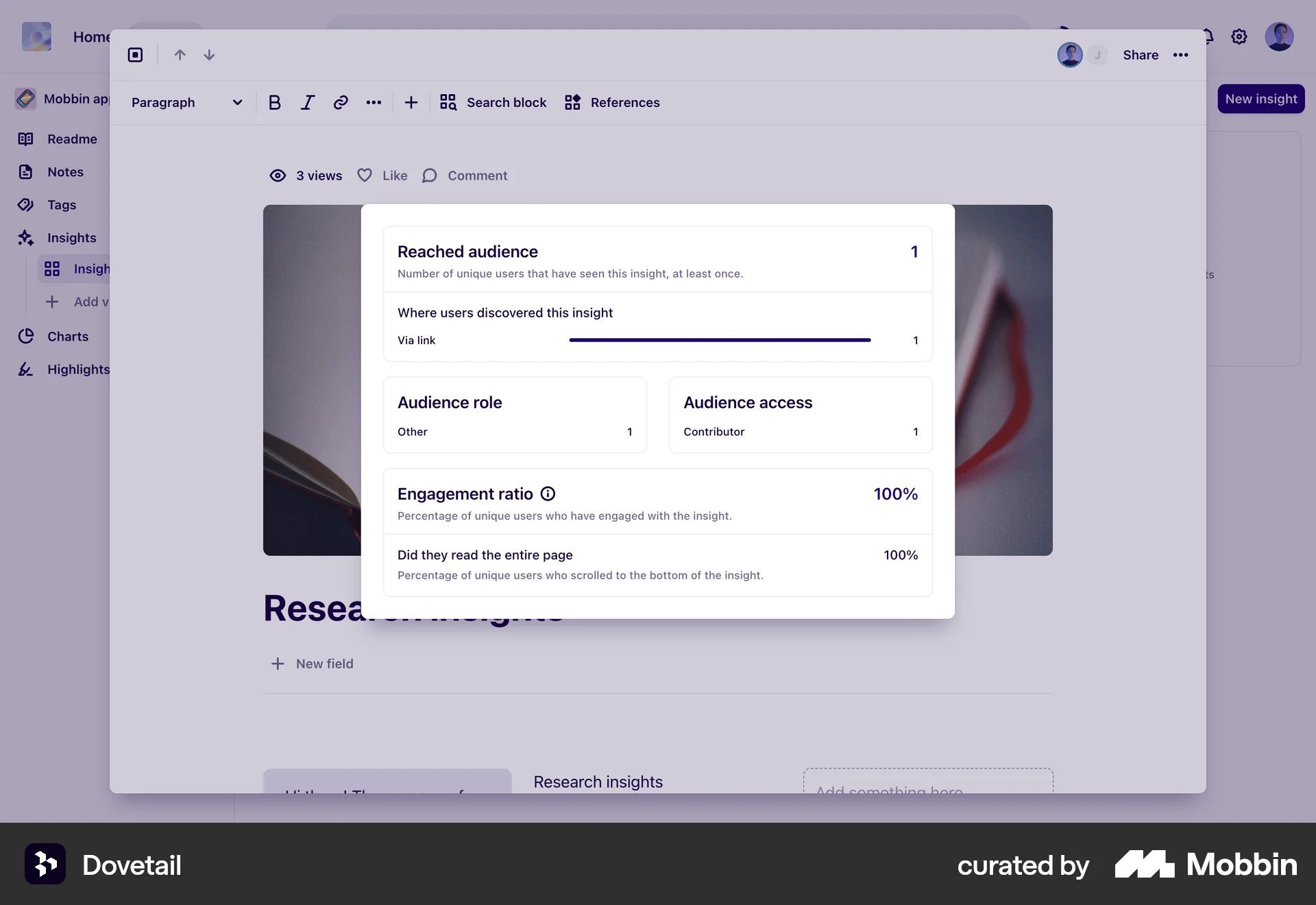 Dovetail Web screen containing Dialog UI element