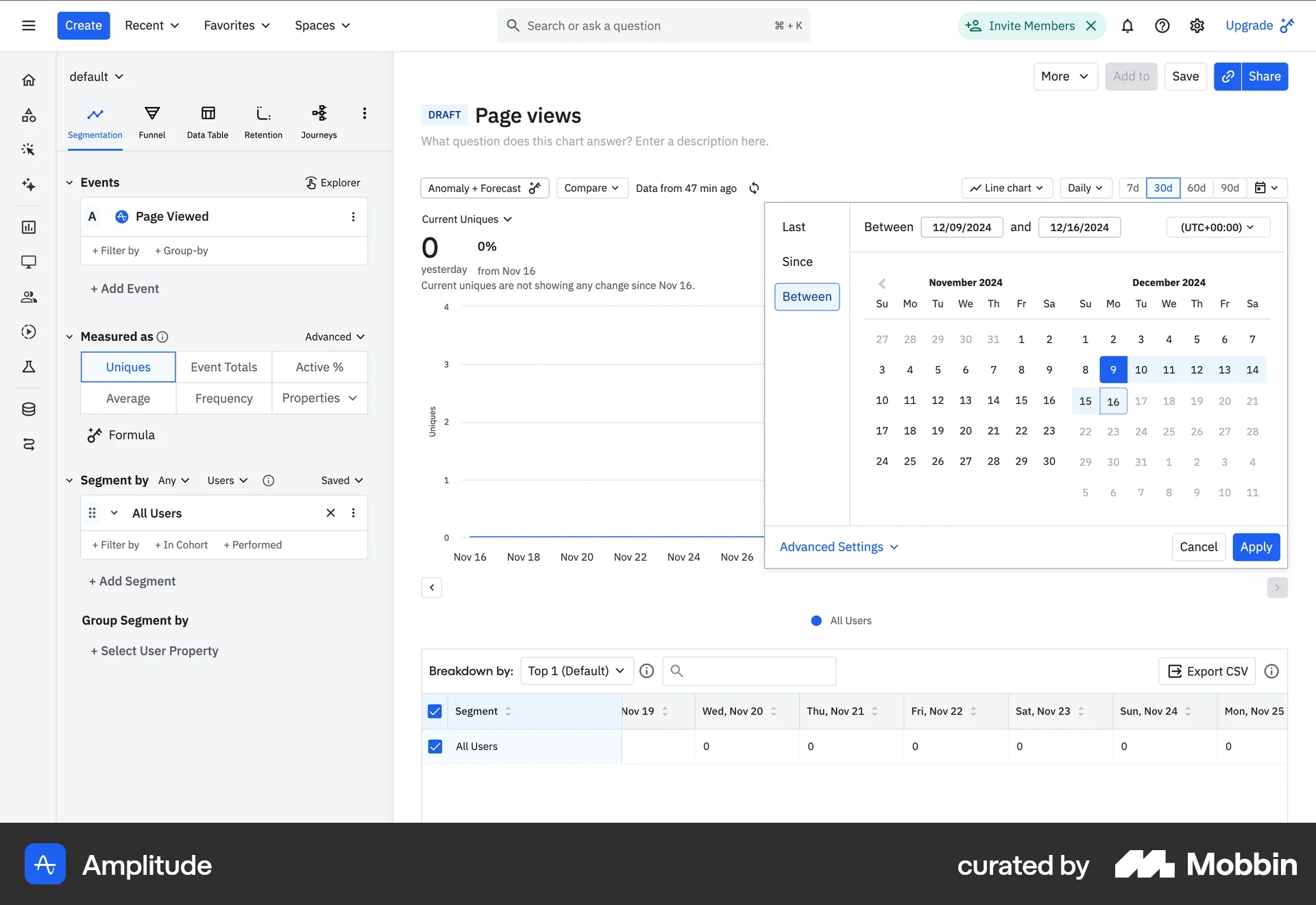 Amplitude Web Calendar screen