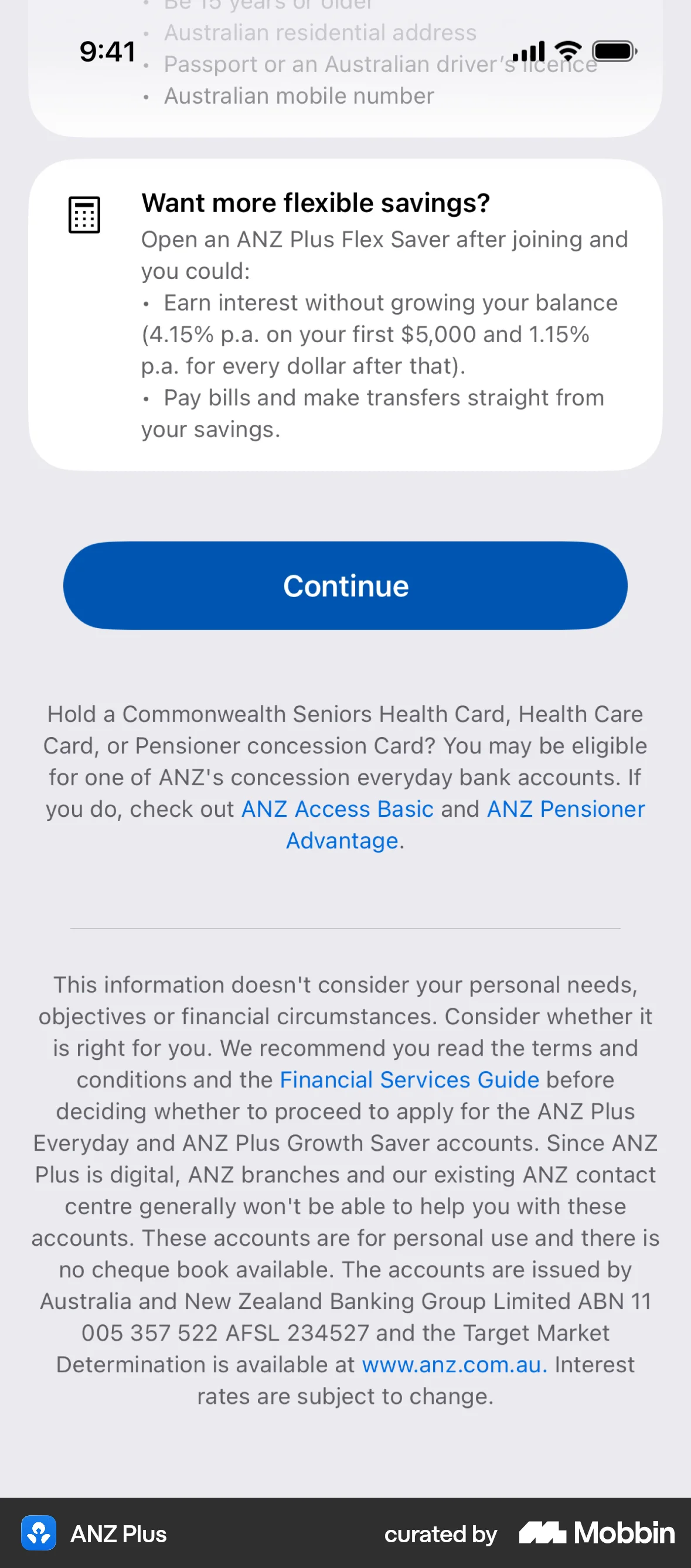 ANZ Plus Onboarding screen