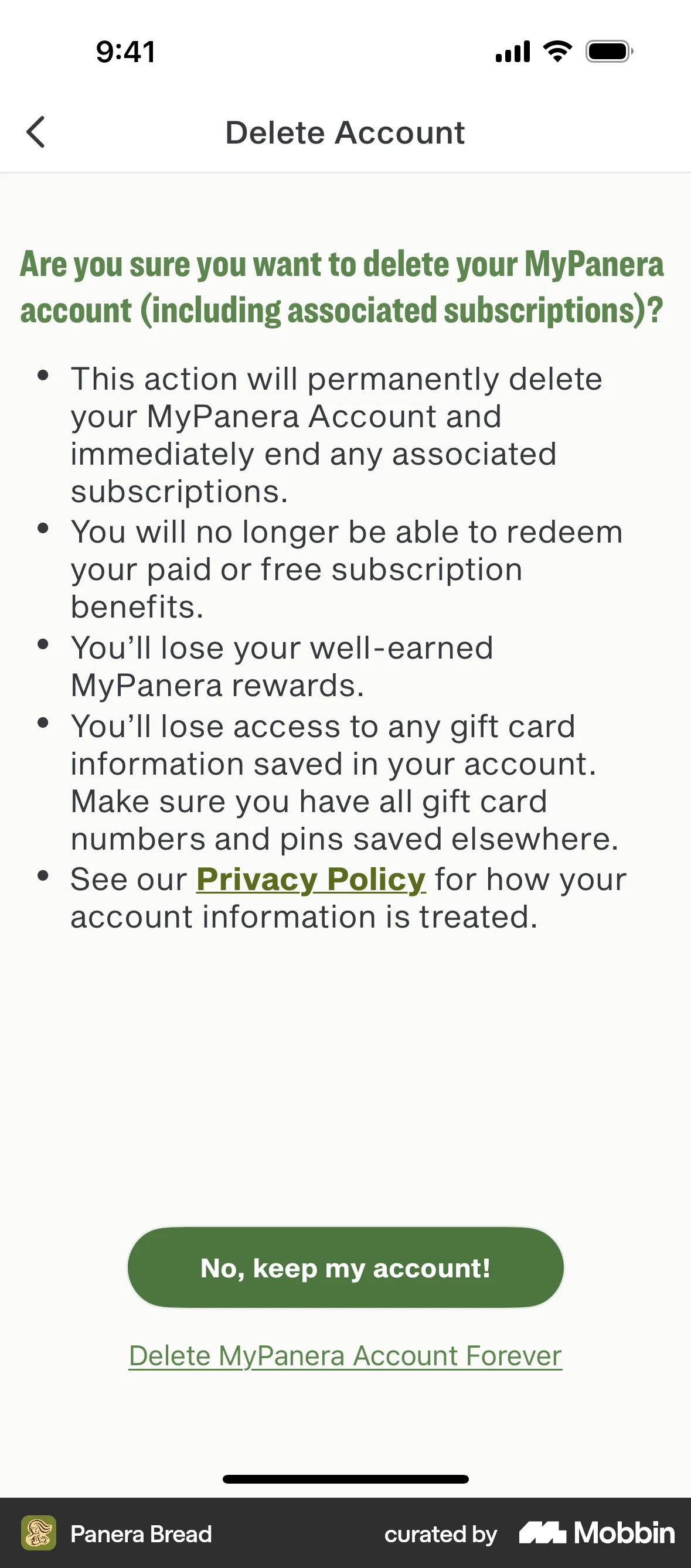 Panera Bread iOS Delete & Deactivate Account screen