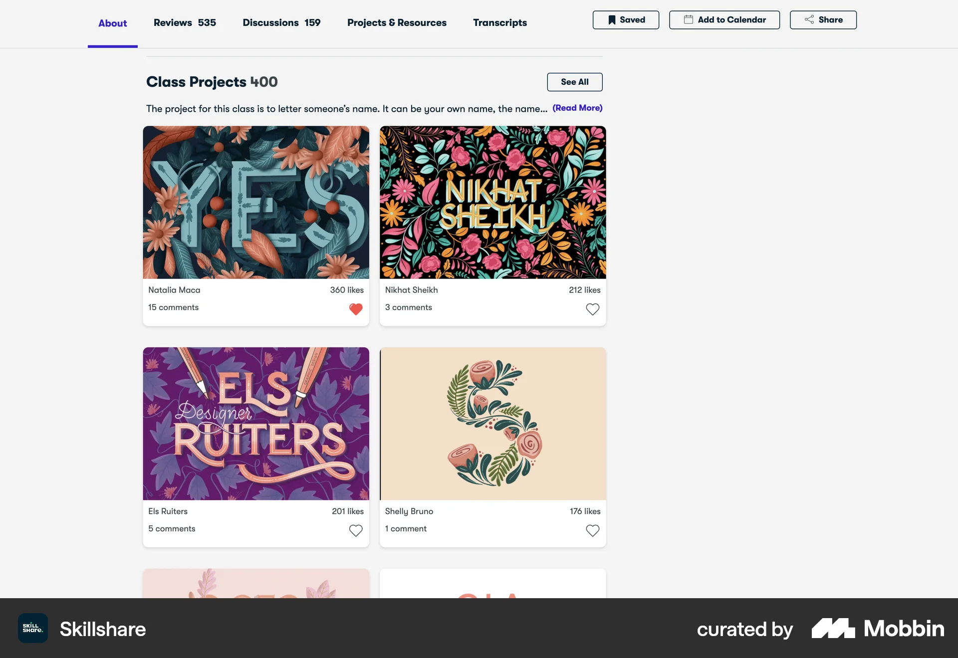Skillshare Web Like & Upvote screen