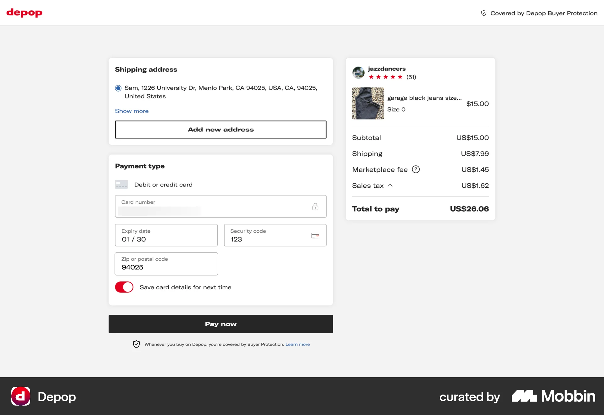 Depop Web Checkout screen