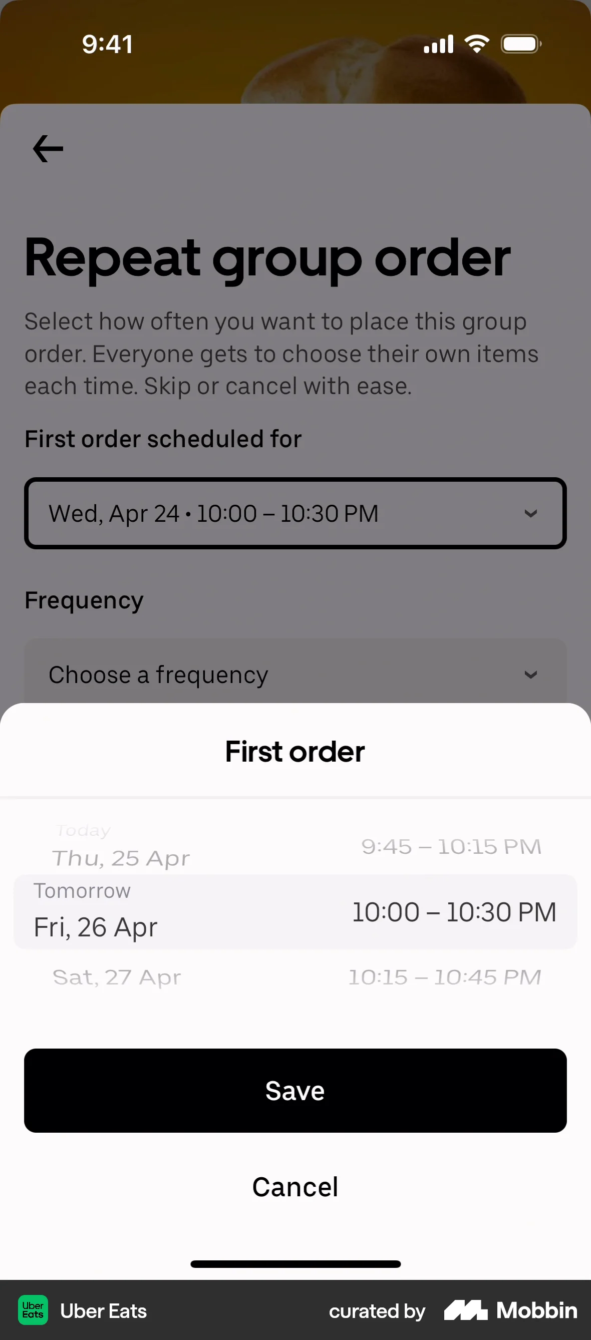 Uber Eats iOS screen containing Time Picker UI element