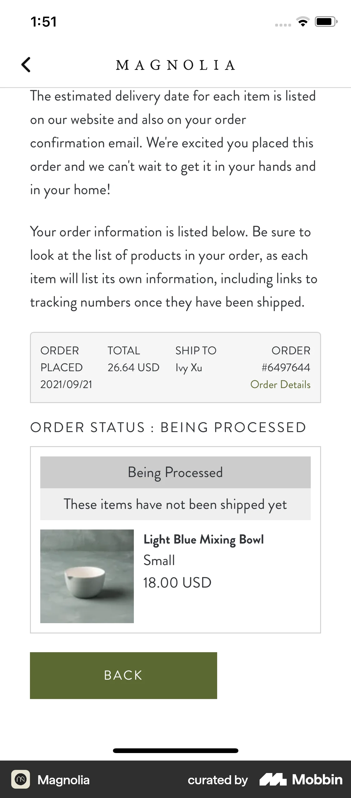Magnolia iOS Order History screen