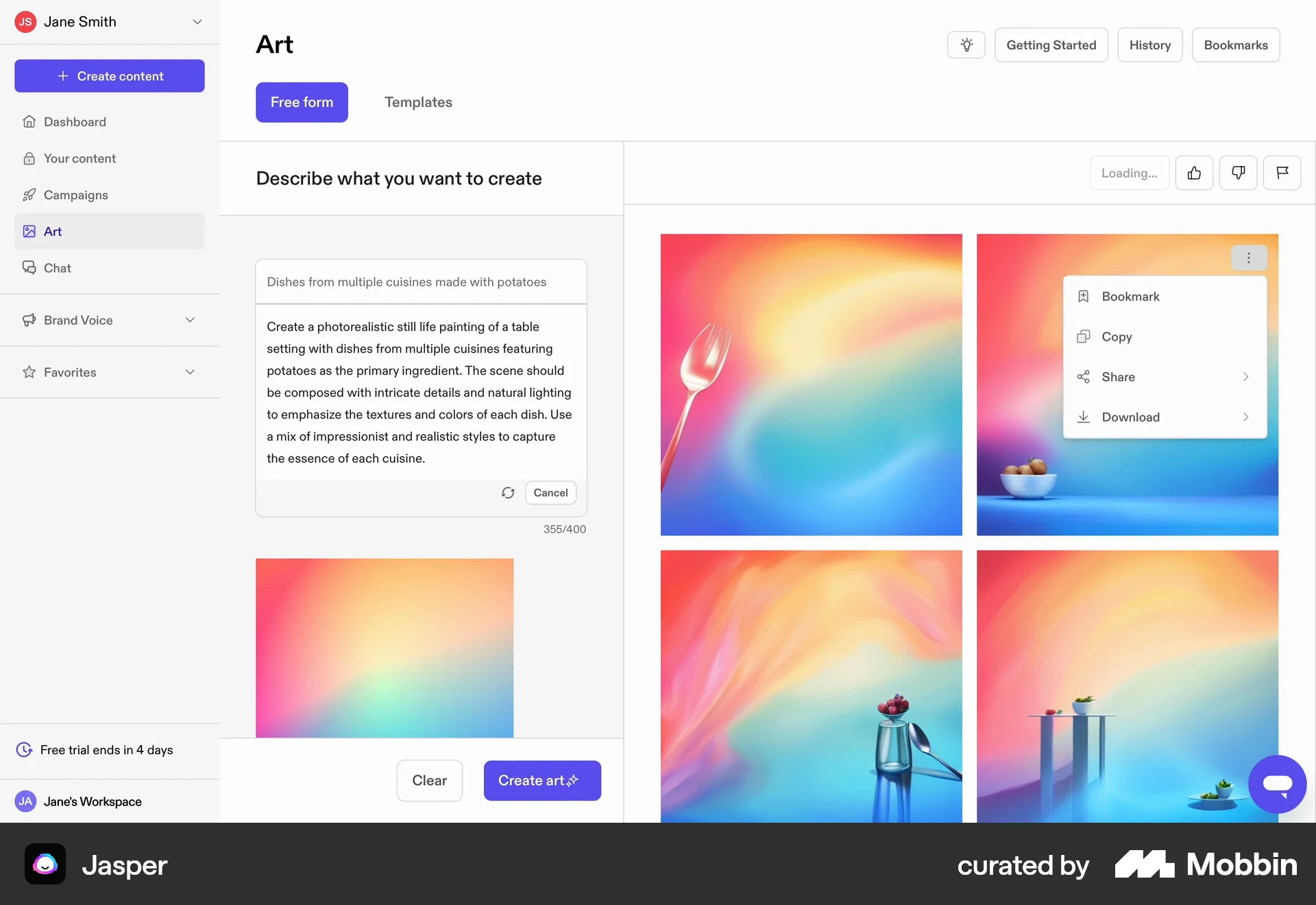 Jasper Web Action Option screen