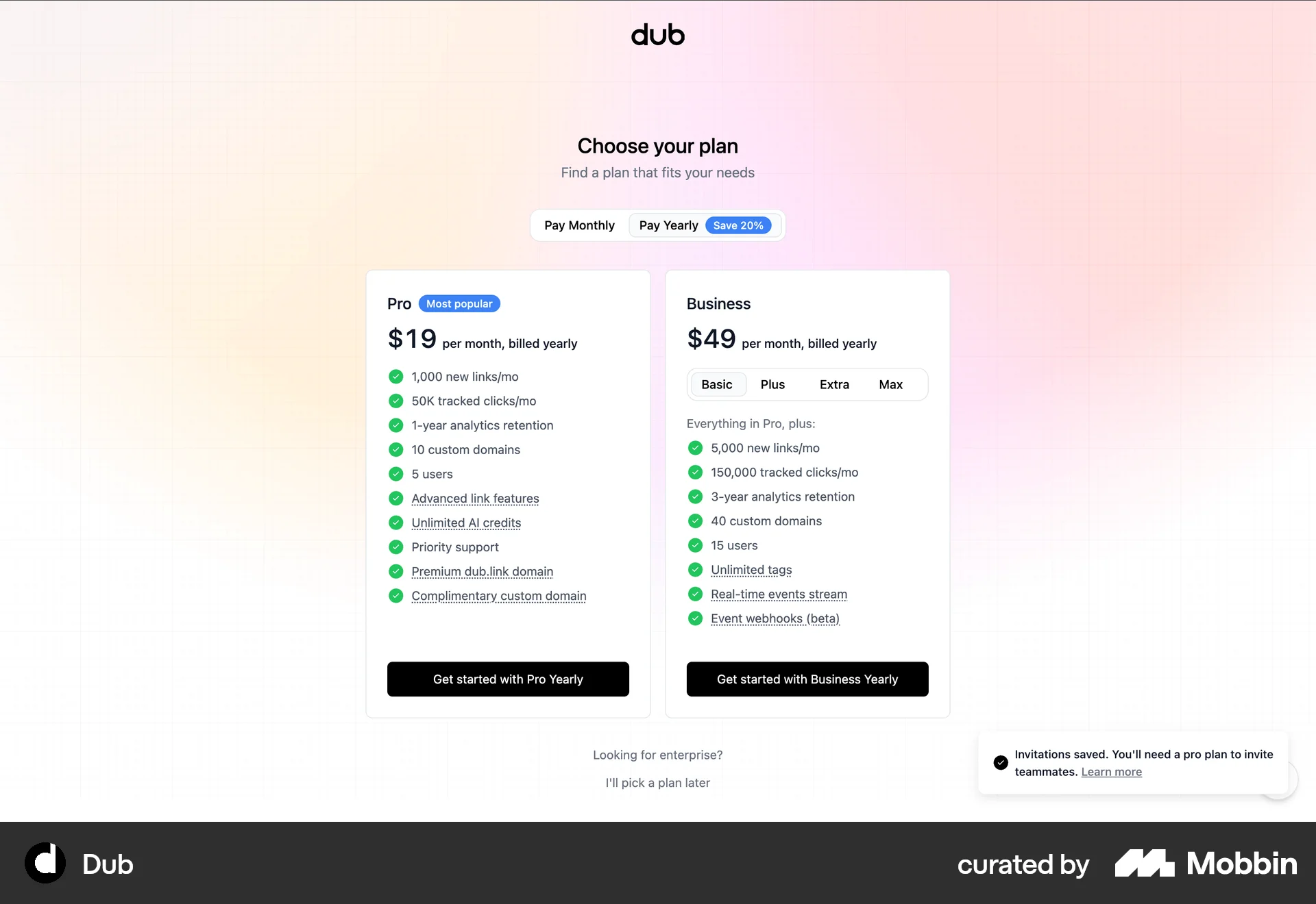 Dub Web Pricing screen