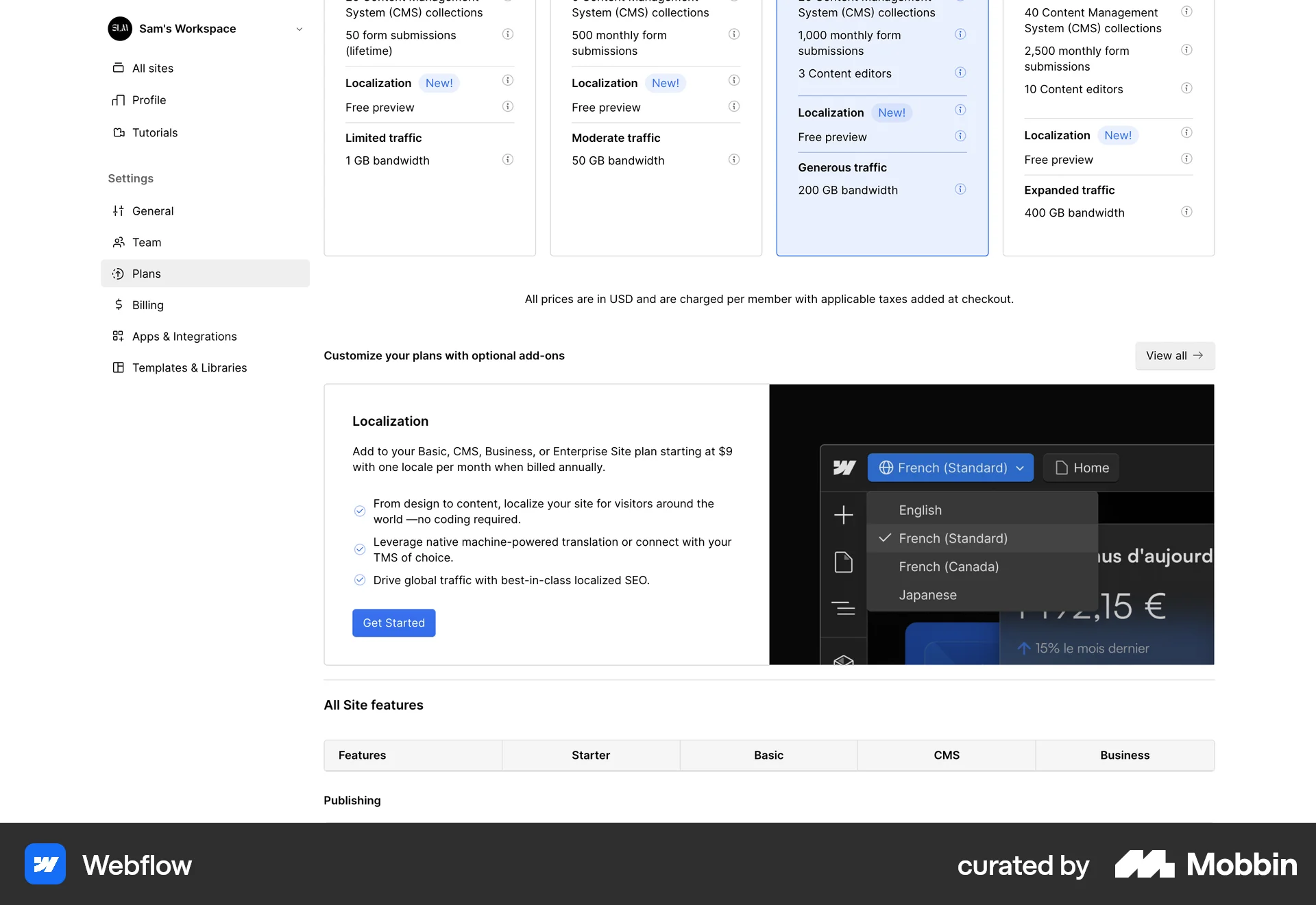 Webflow Web Feature Info screen