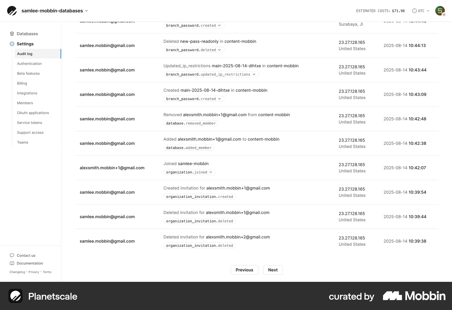 PlanetScale Web Log Dashboard screen