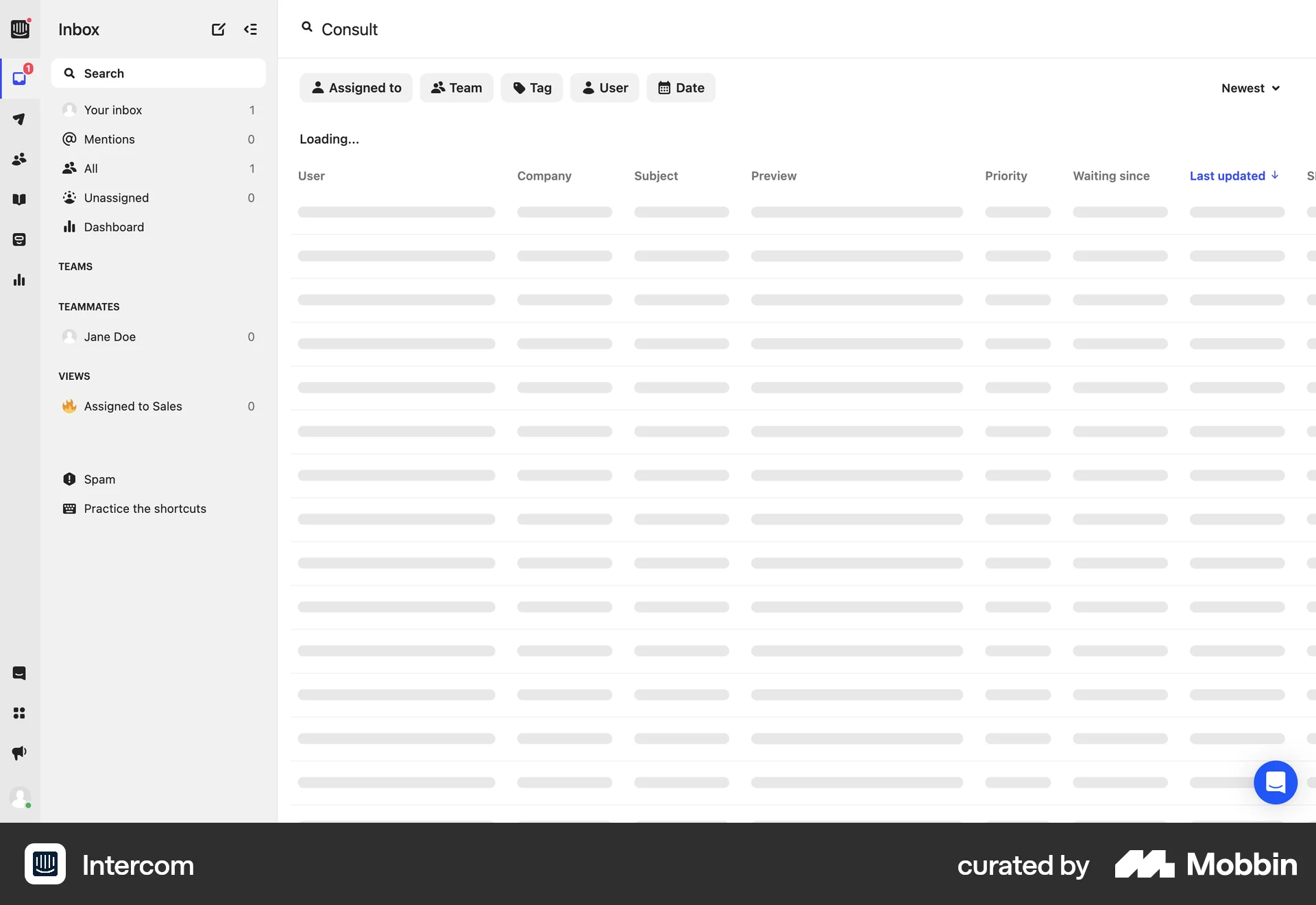 Intercom Web screen containing Skeleton UI element