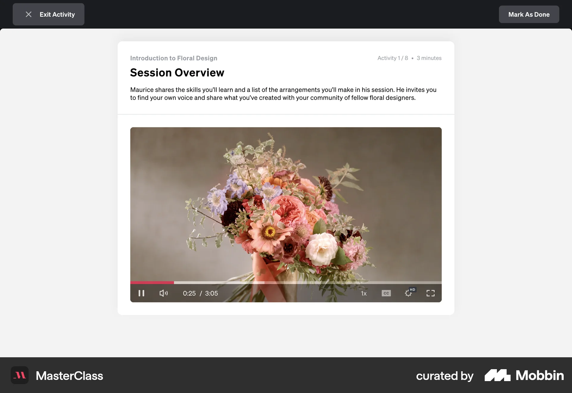 MasterClass Web Class & Lesson Detail screen
