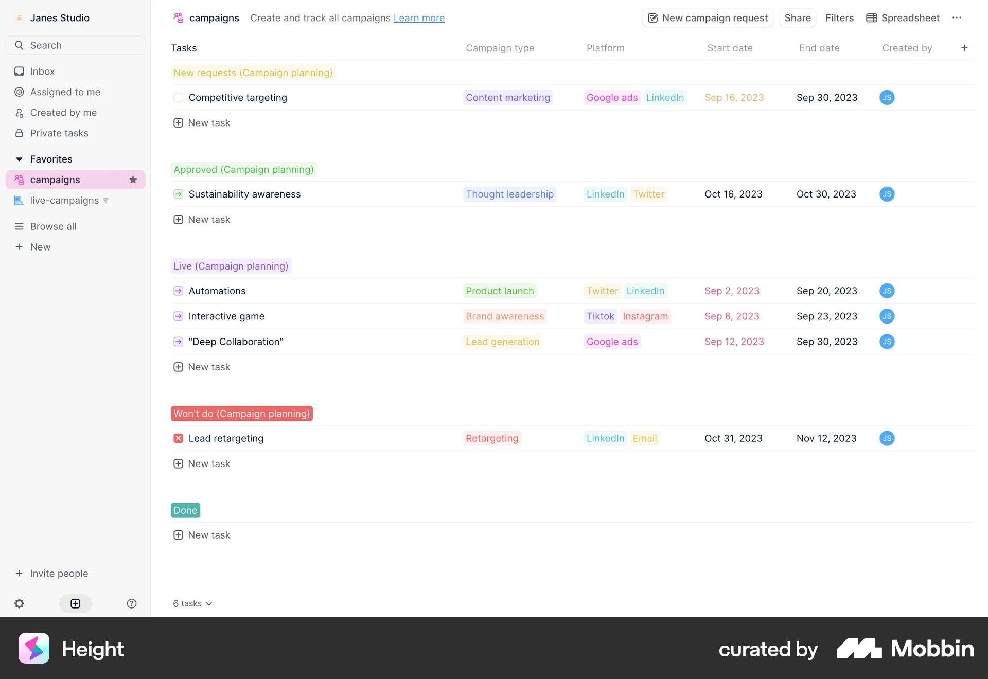 Height Web Goal & Task screen