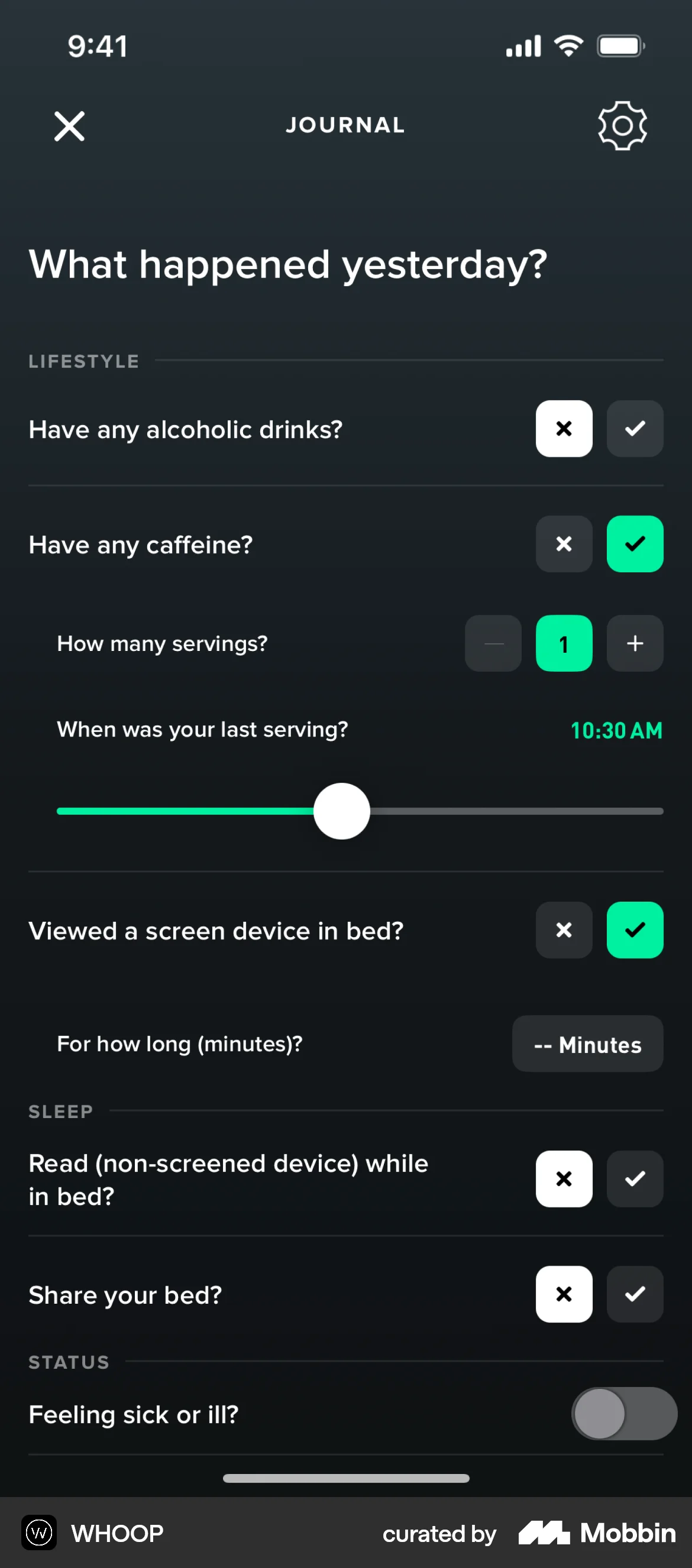 WHOOP iOS screen containing Divider UI element