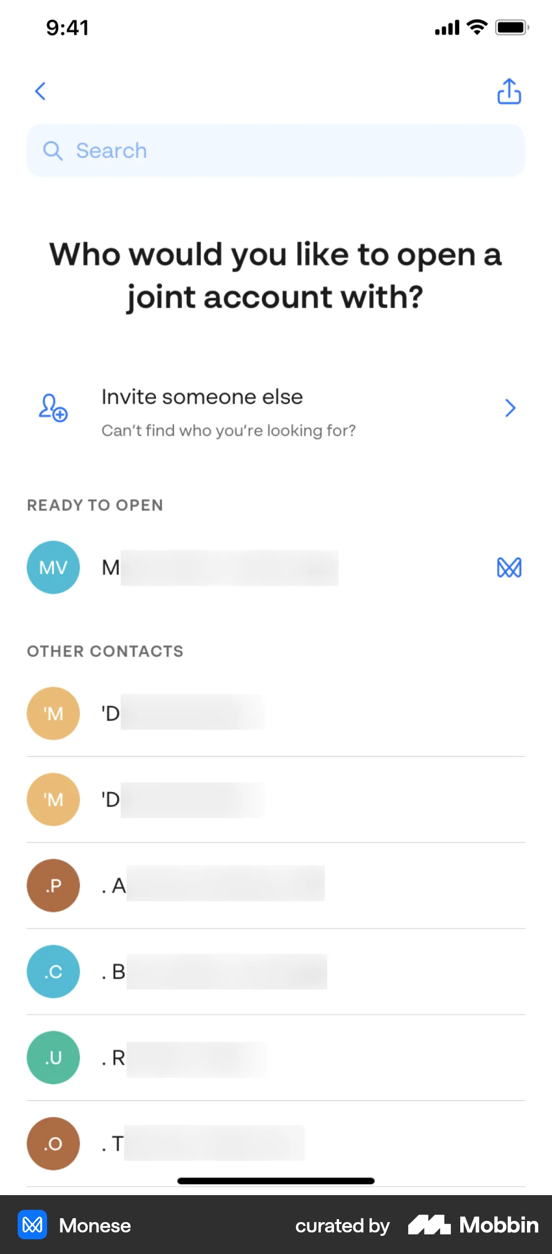 Monese iOS Invite Teammates screen