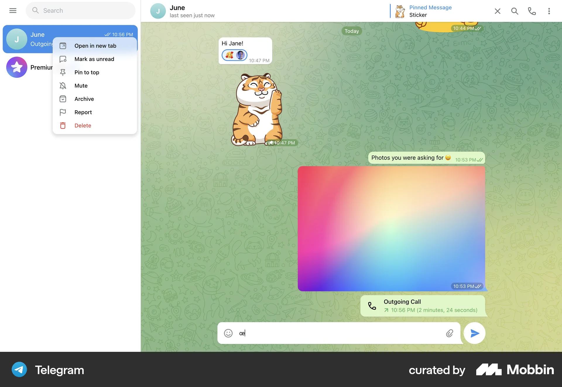 Telegram Web screen containing Context Menu UI element