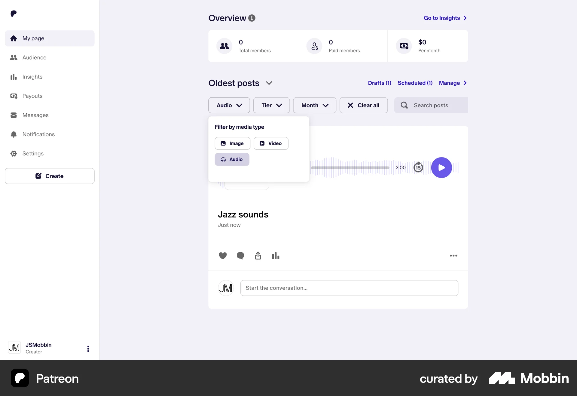 Patreon Web screen containing Filter Panel UI UI element