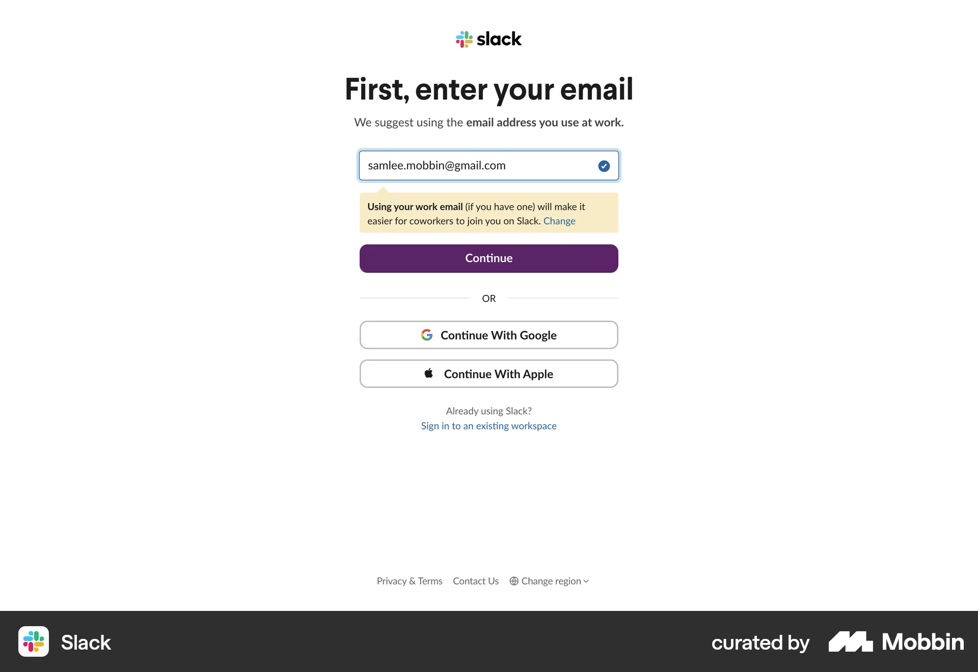 Slack Web Signup screen