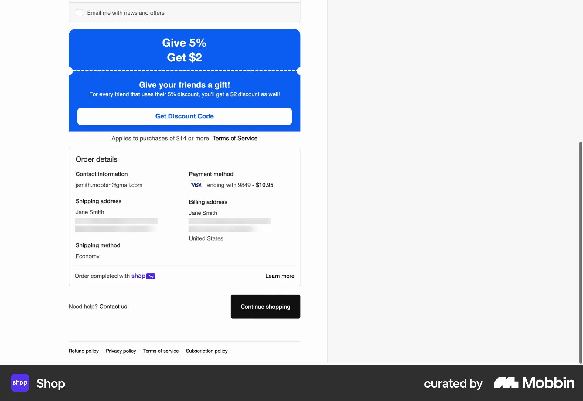 Shop Web Order Confirmation screen
