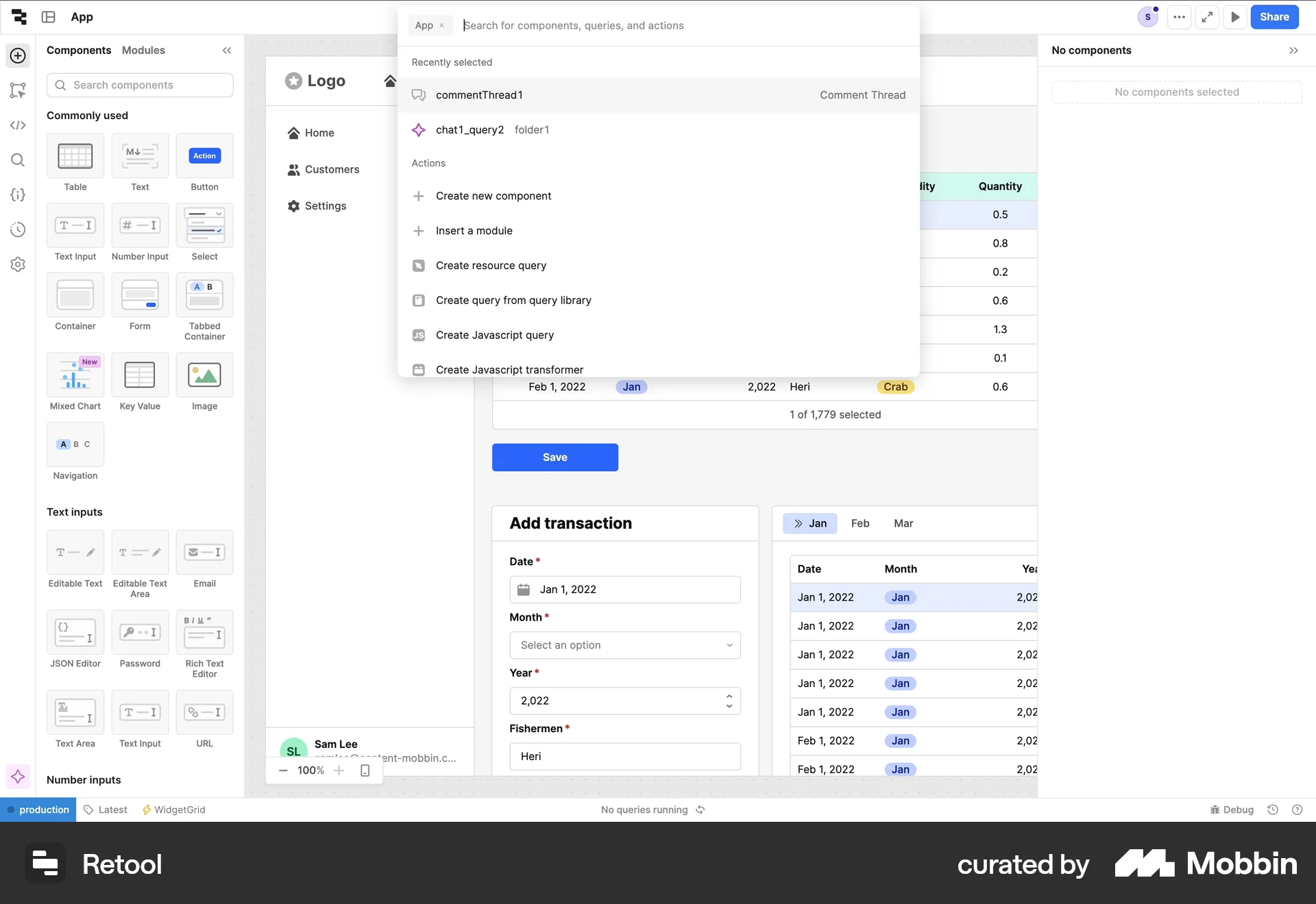 Retool Web Command Palette screen
