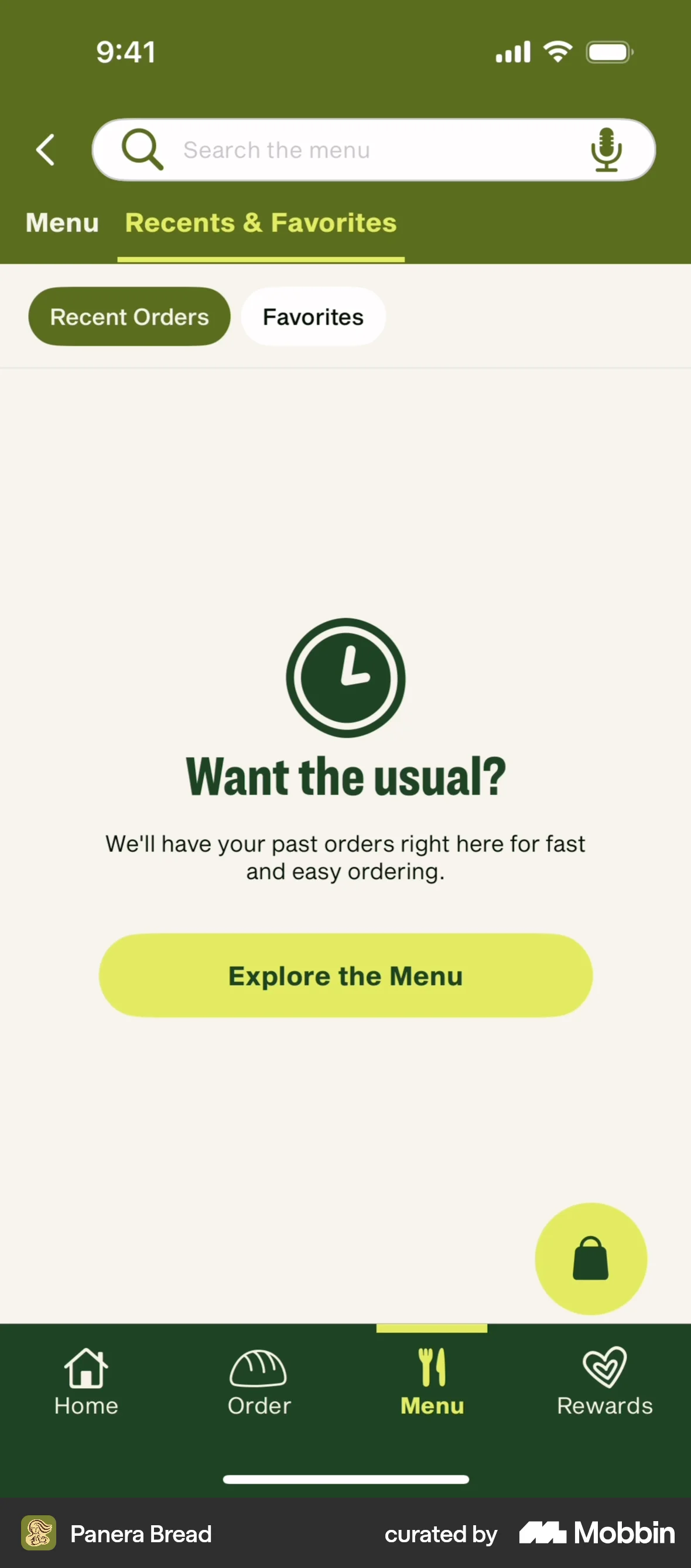 Panera Bread iOS Order History screen